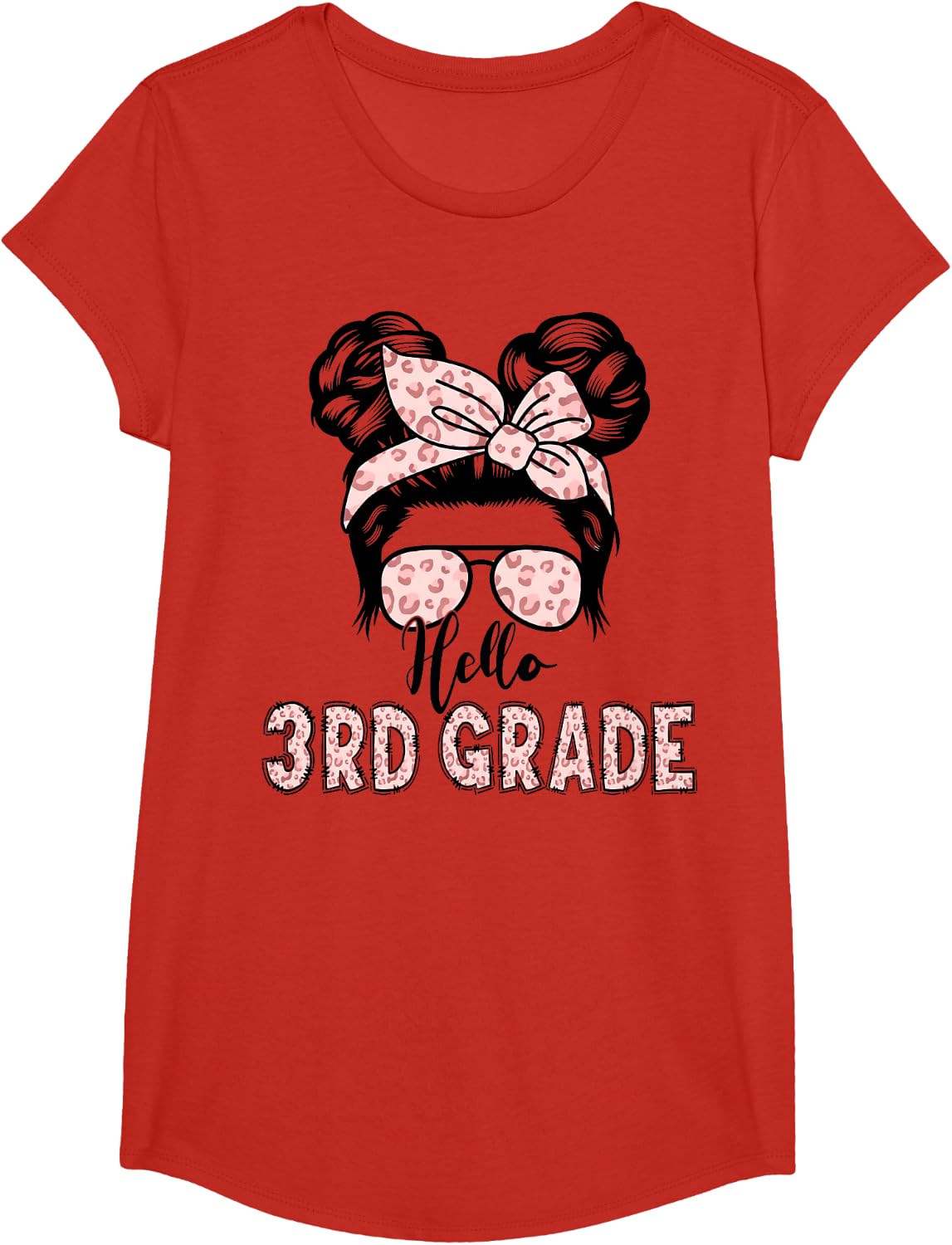 Hello 3rd Grade Messy Hair Bun Girl Back to School First Day T-Shirt Tee for Girls - Girls Red
