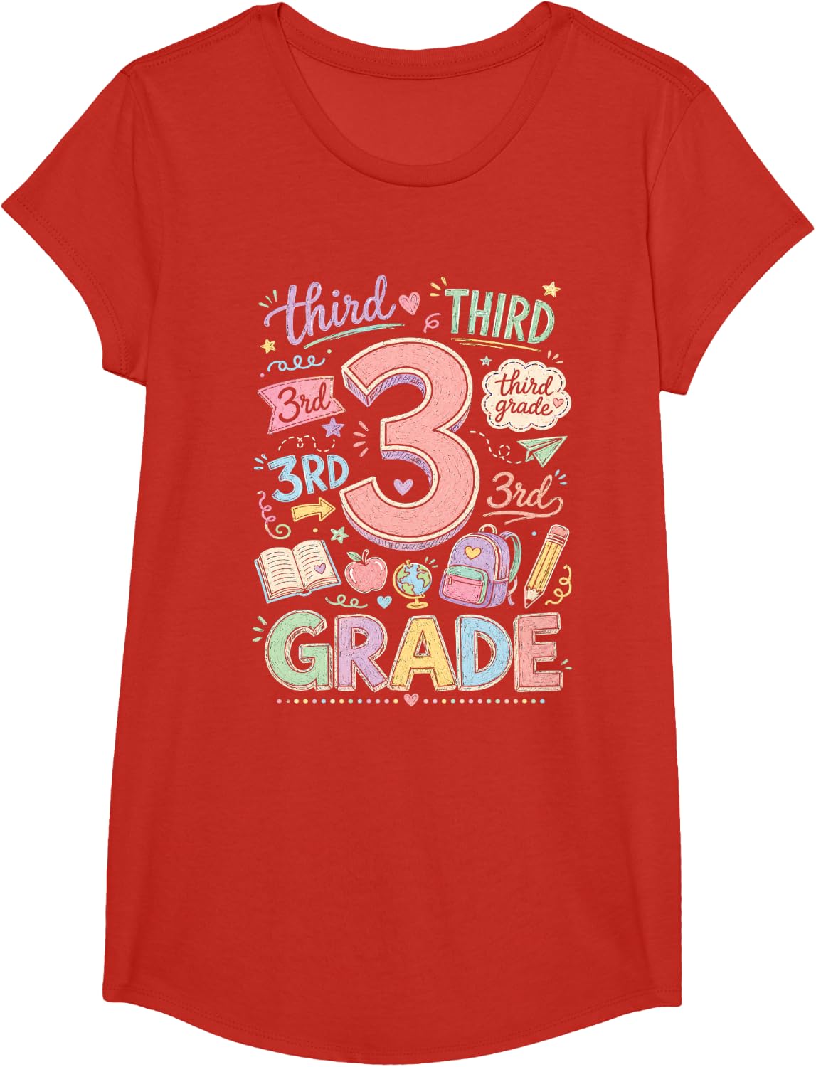 Third 3rd Grade Typography Team Teacher Back to School Kids T-Shirt - Girls Red