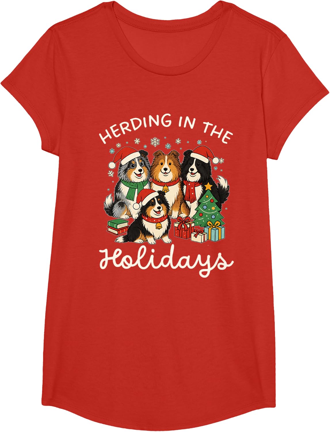 Sheltie Christmas Herding Holidays Funny Sheltie Christmas T-Shirt - Girls Red