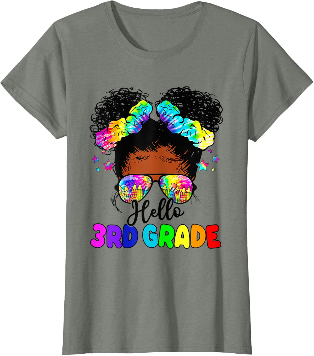 Hello 3rd Grade Black Messy Bun Girls Kids Back To School T-Shirt - Olive Heather