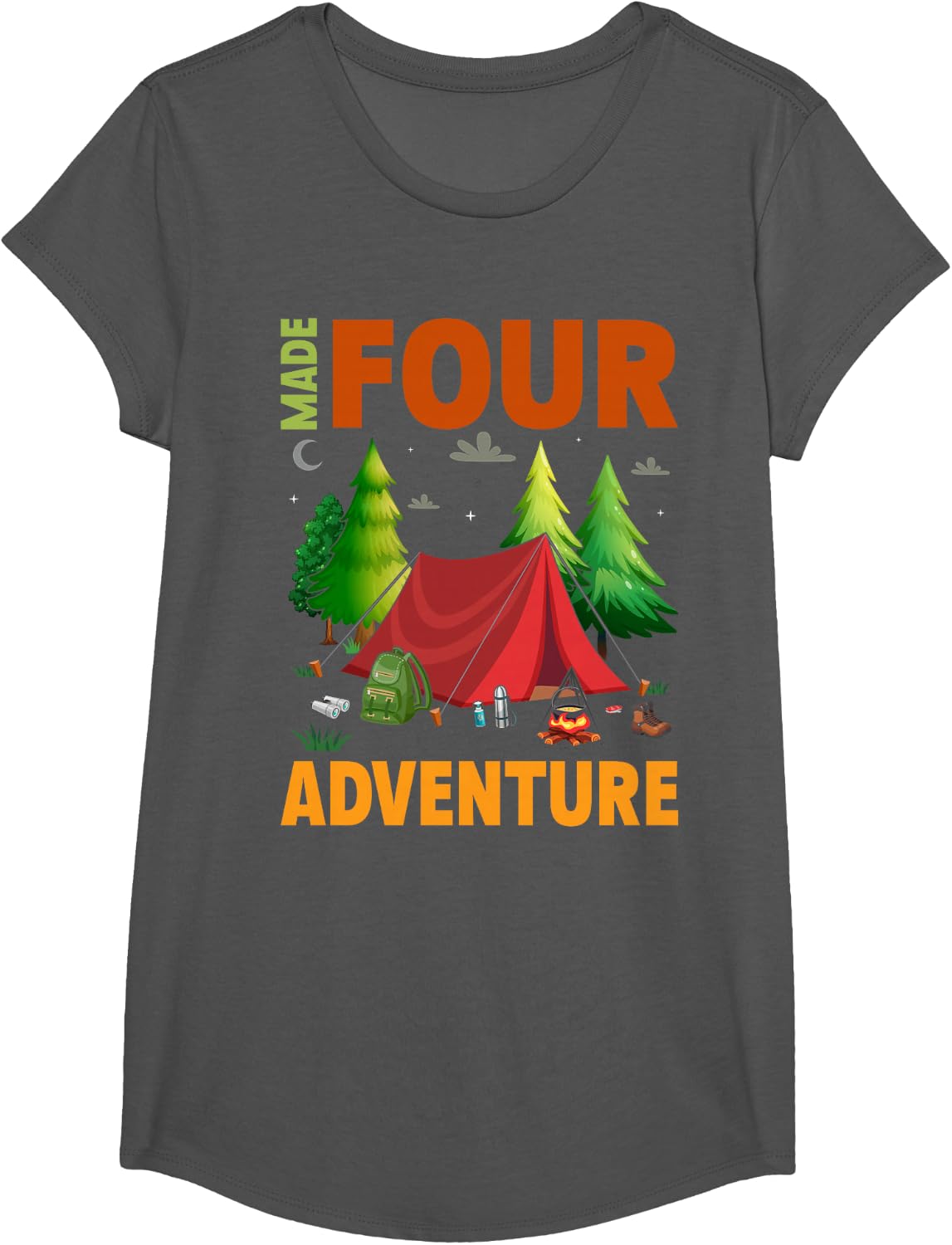 Made Four Adventure 4th Birthday Camping Themed Party T-Shirt - Girls Asphalt Grey