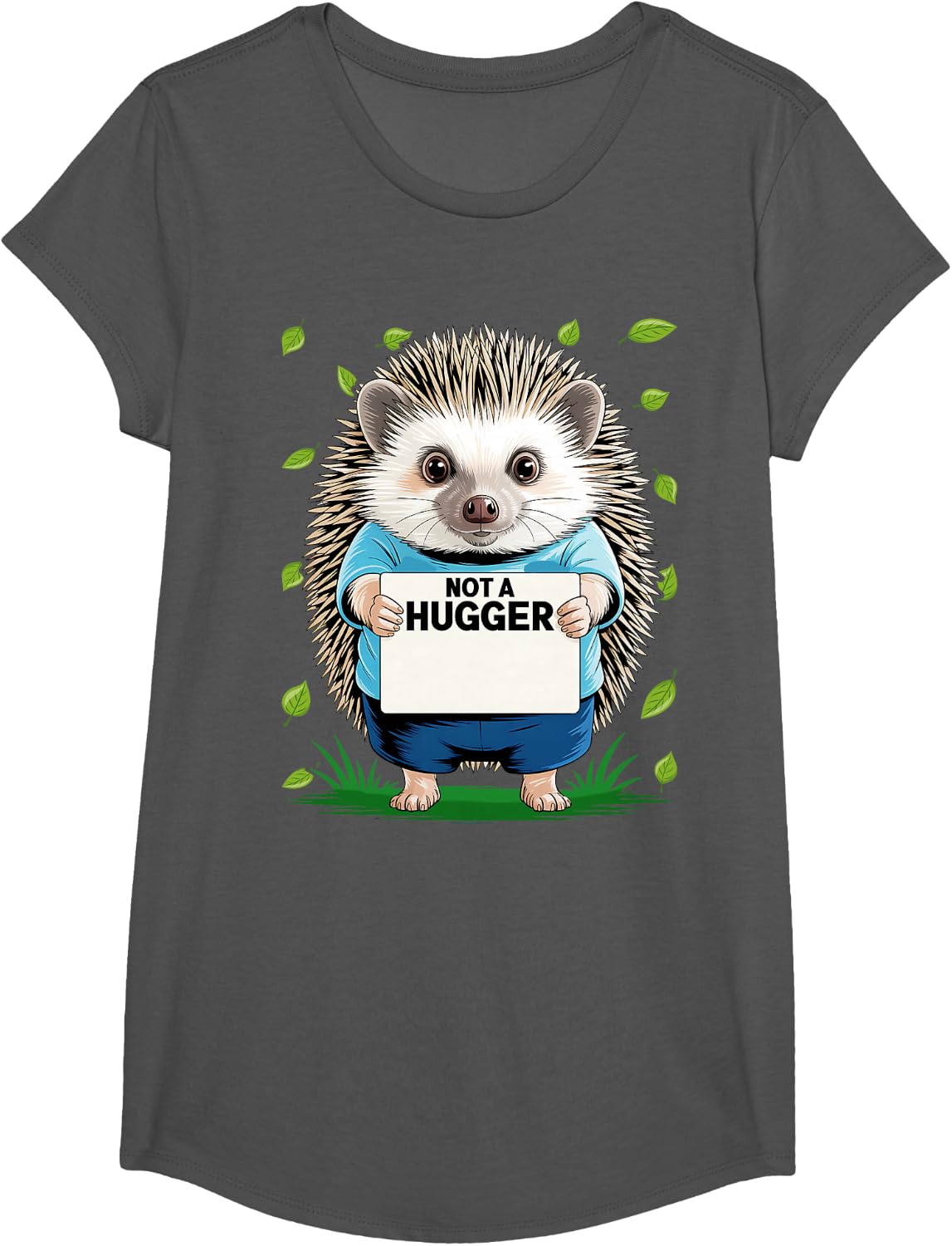 Not A Hugger Hedgehog T-Shirt - Girls Asphalt Grey