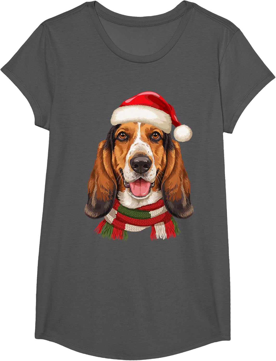 Basset Hound Santa Hat Christmas Dog Lover Mom Dad Holiday T-Shirt - Girls Asphalt Grey