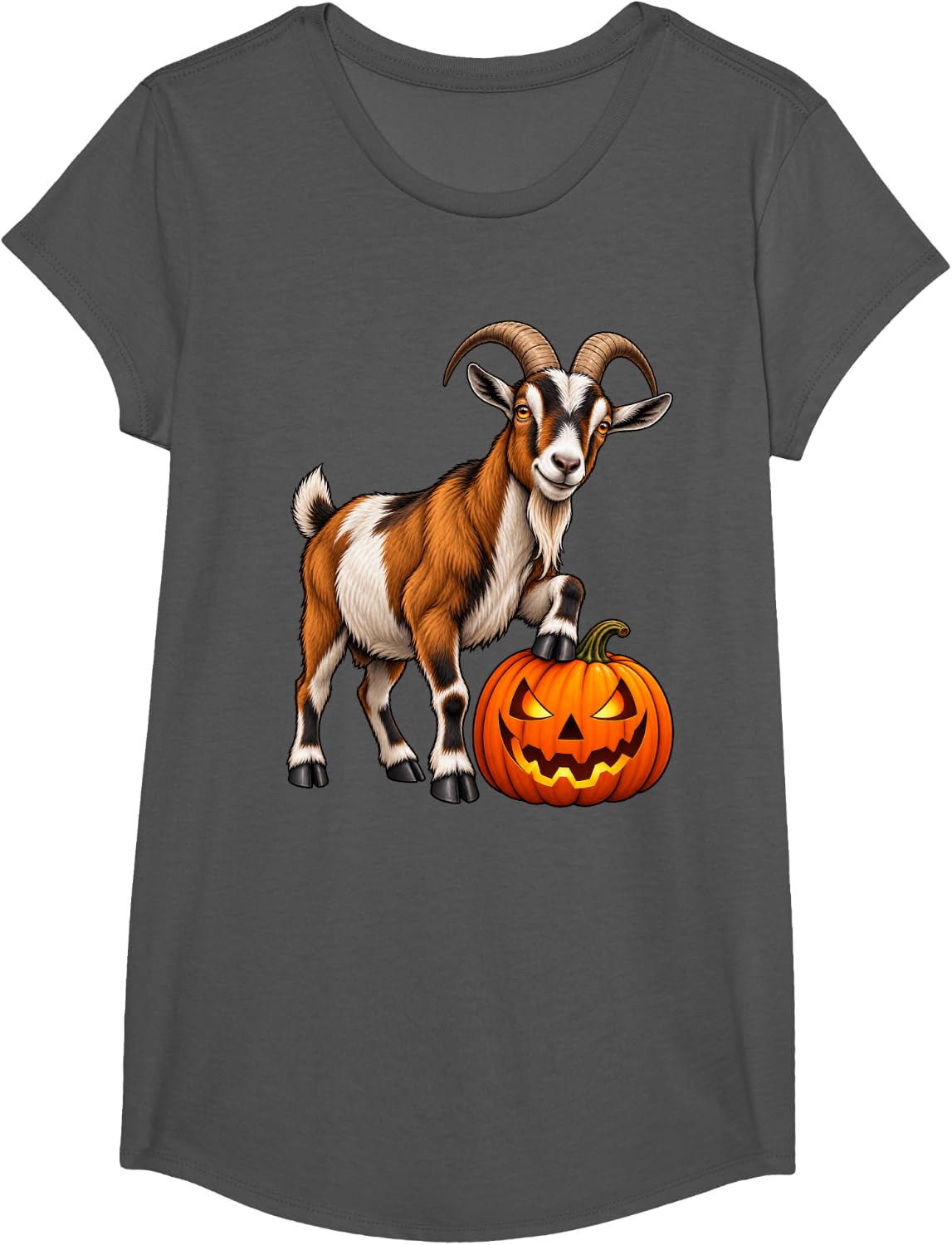 Goat Funny Jack O Lantern Pumpkin Halloween T-Shirt - Girls Asphalt Grey