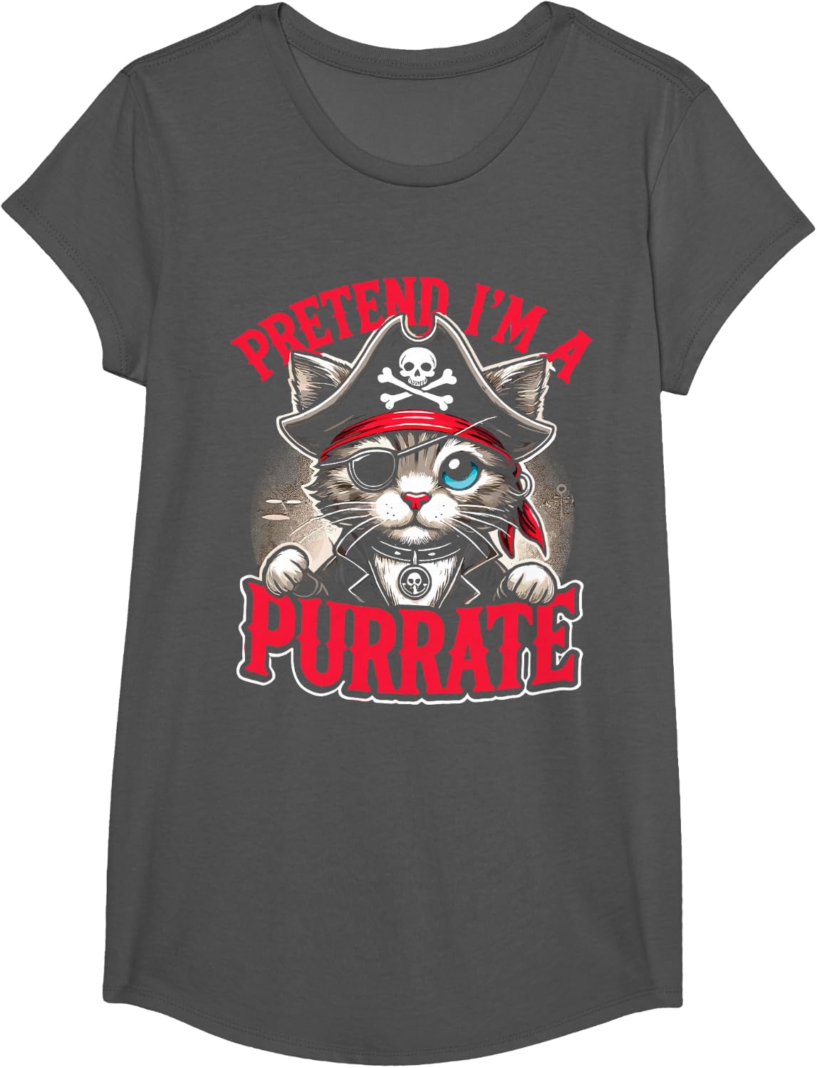 Cute Cat Pretend I'm A Purrate Pirate Cat T-Shirt - Girls Asphalt Grey