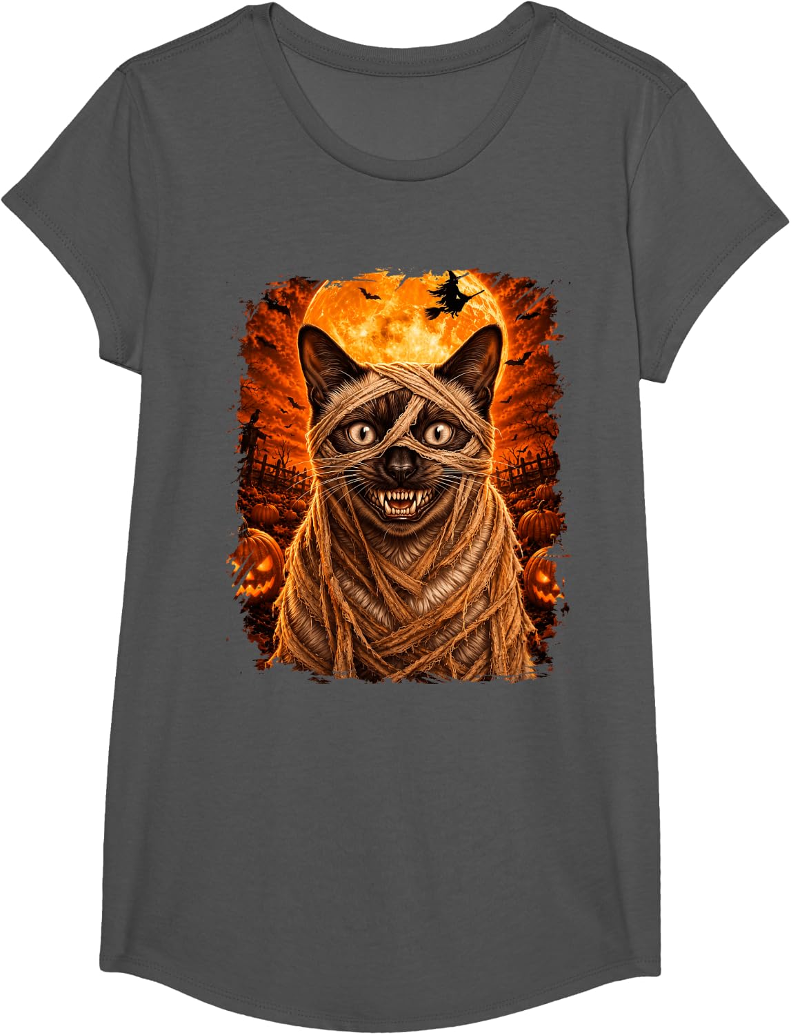 Creepy Siamese Cat Halloween Night T-Shirt - Girls Asphalt Grey