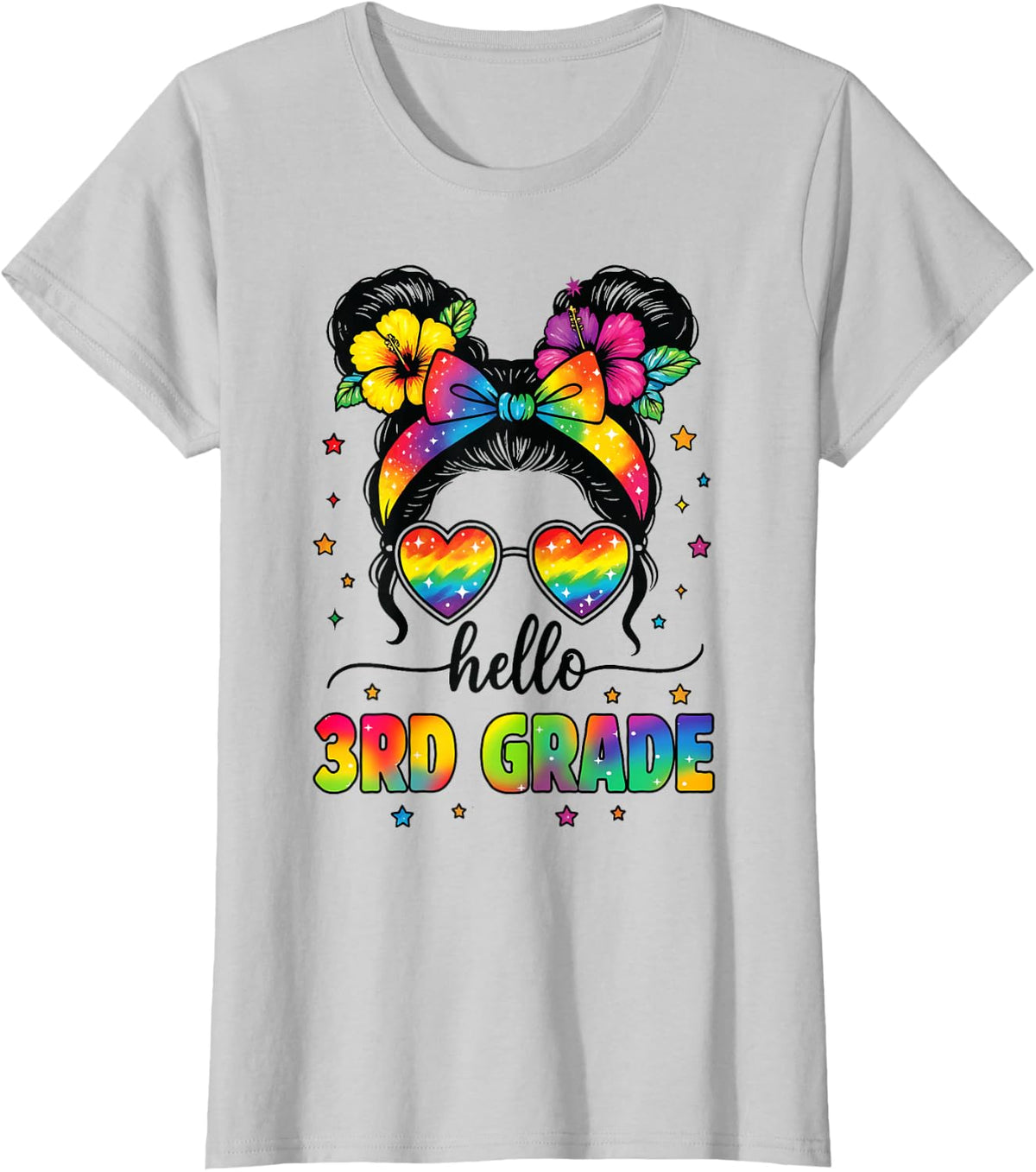 Hello 3rd Grade Messy Bun First Day Of School Teacher Kids T-Shirt - Silver Grey