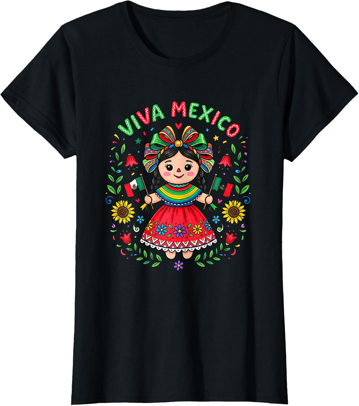 Viva Mexico Toddler Girls Flores Mexican Independence Day T-Shirt - Black