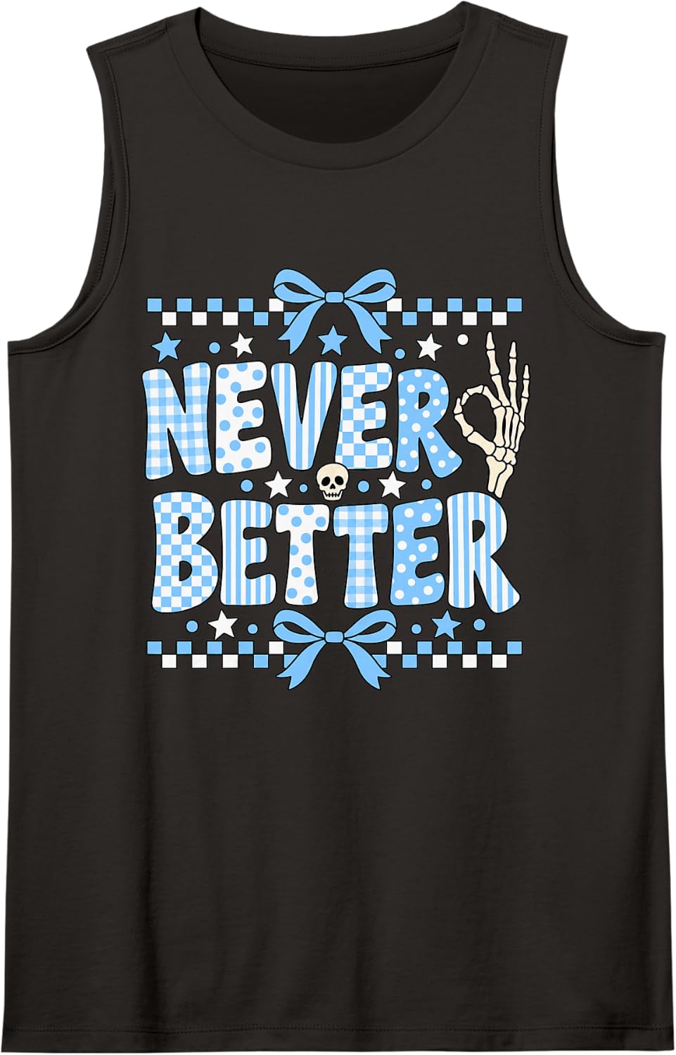 Never Better Blue Plaid Skeleton Hand Retro Humor Sleeveless Tank Top - Black