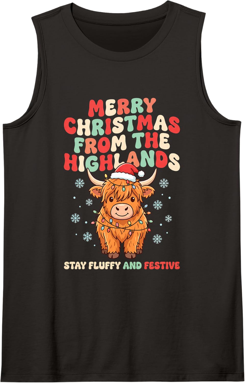 Highland Cow Christmas Stay Fluffy Festive Sleeveless Tank Top - Black