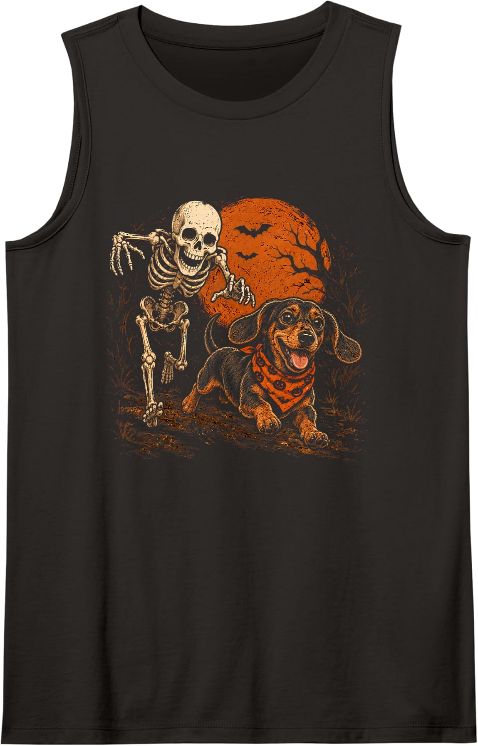 Dachshund Halloween Shirt Skeleton Chasing Dachshund Sleeveless Tank Top - Black