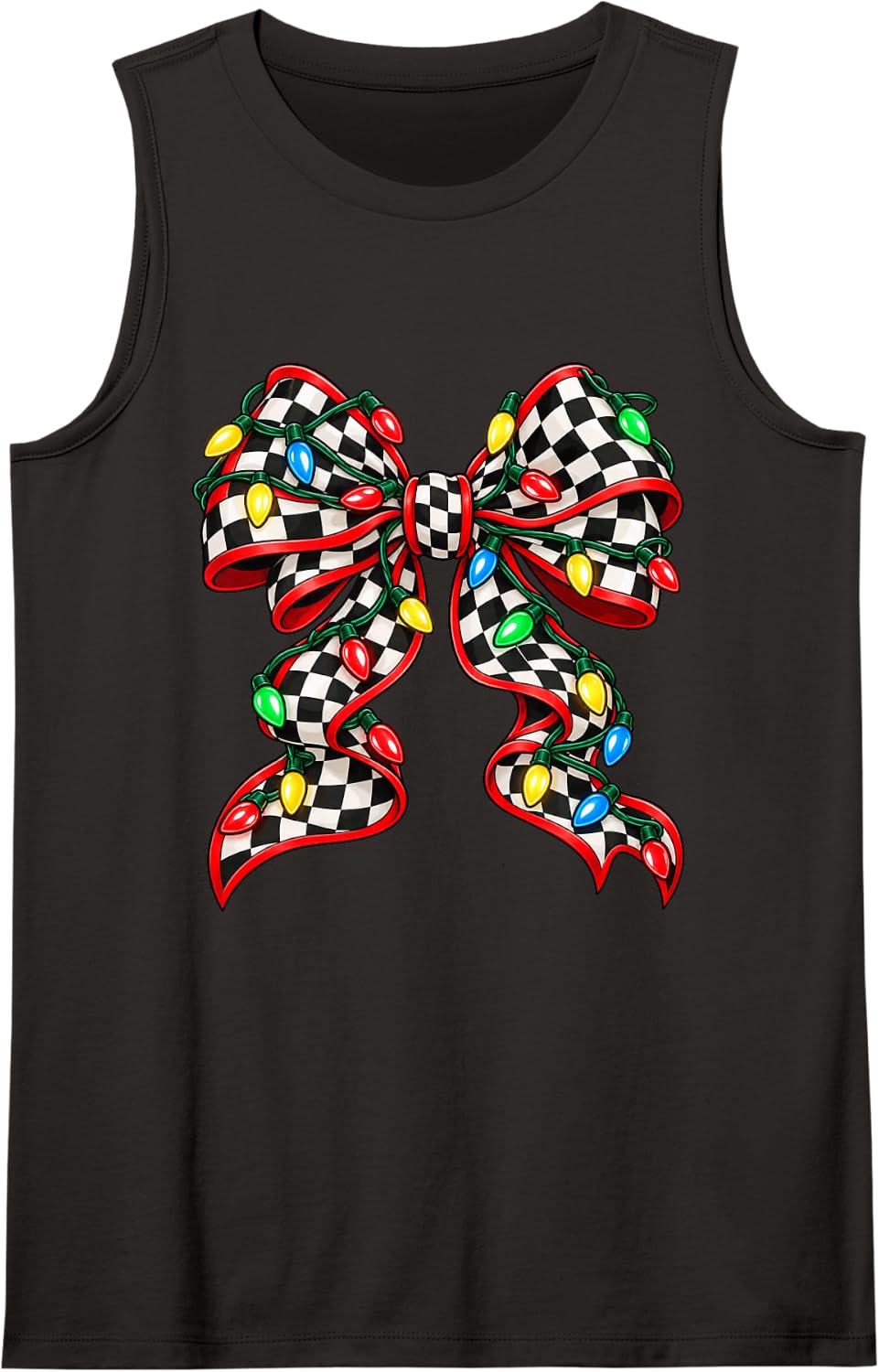 Christmas Racing Bow Checker Flag String Lights Race Fan Sleeveless Tank Top - Black