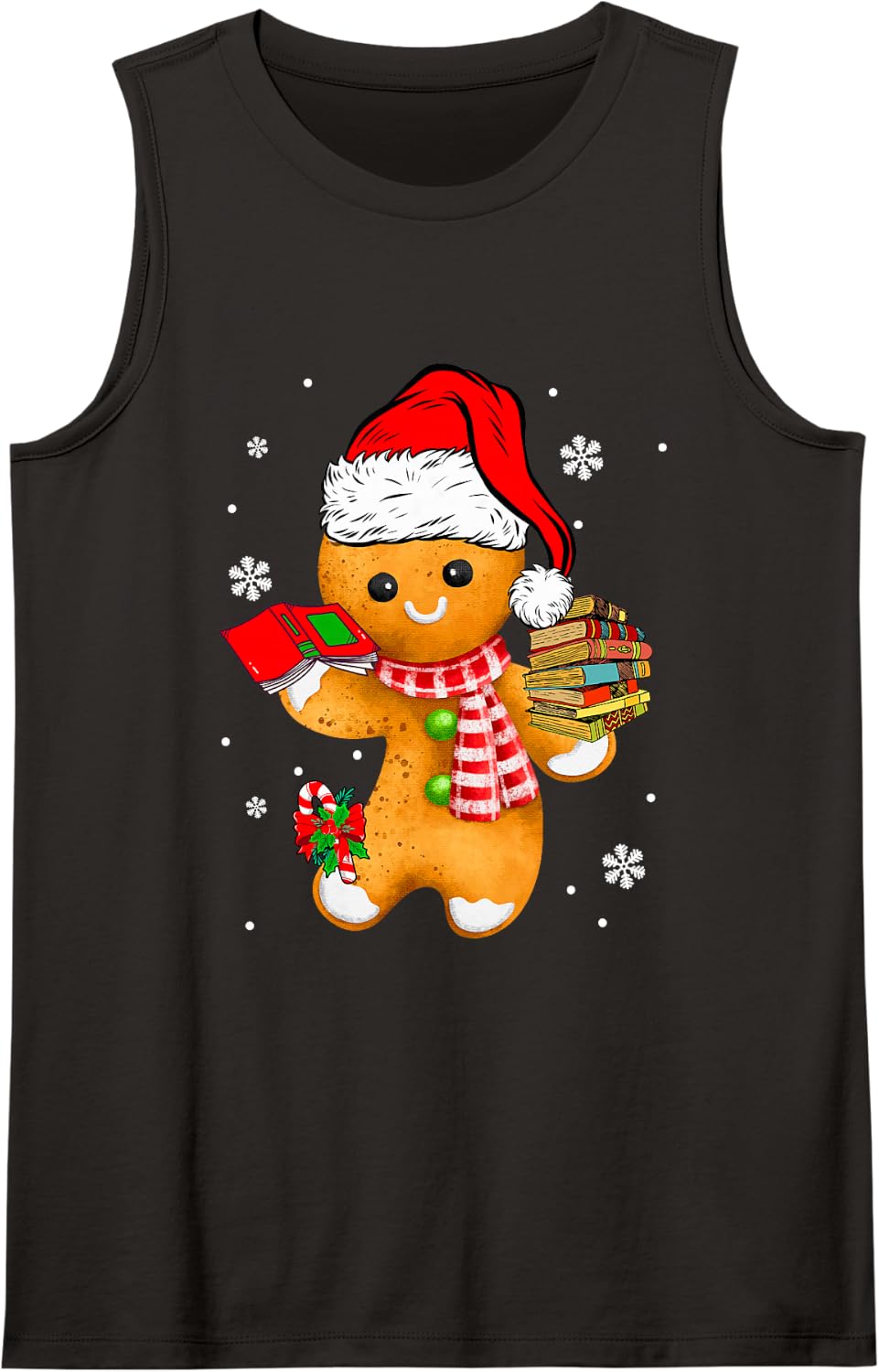 Santa Gingerbread Librarian Holding Books Xmas Cookies Lover Sleeveless Tank Top - Black