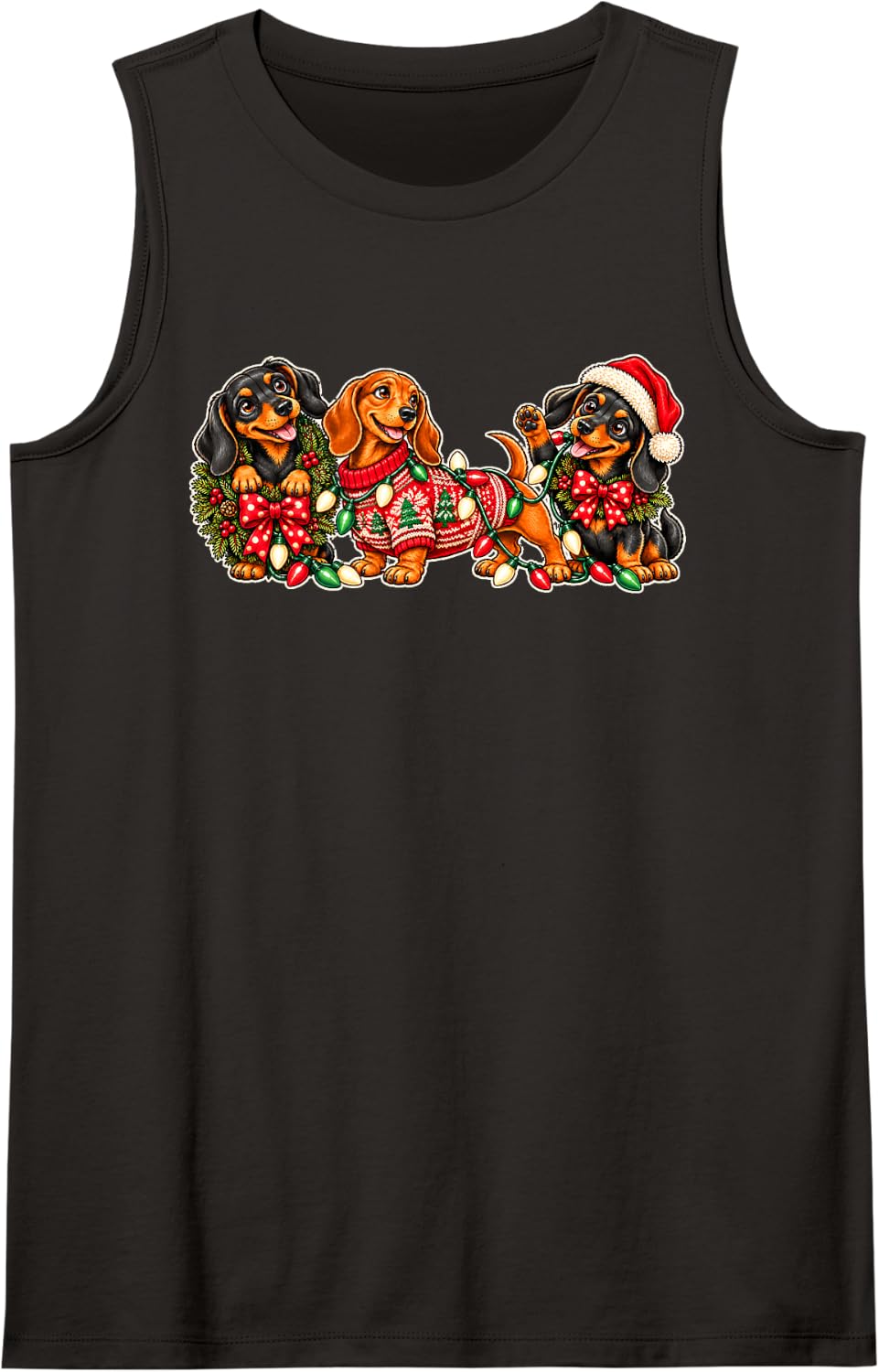 Merry Wiener Dogs with Holiday Wreath Dachshund Christmas Sleeveless Tank Top - Black