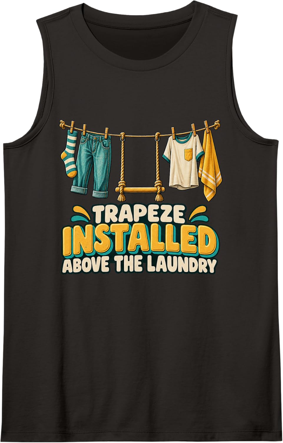 Trapeze Installed Above The Laundry Funny Sarcastic Graphic Sleeveless Tank Top - Black