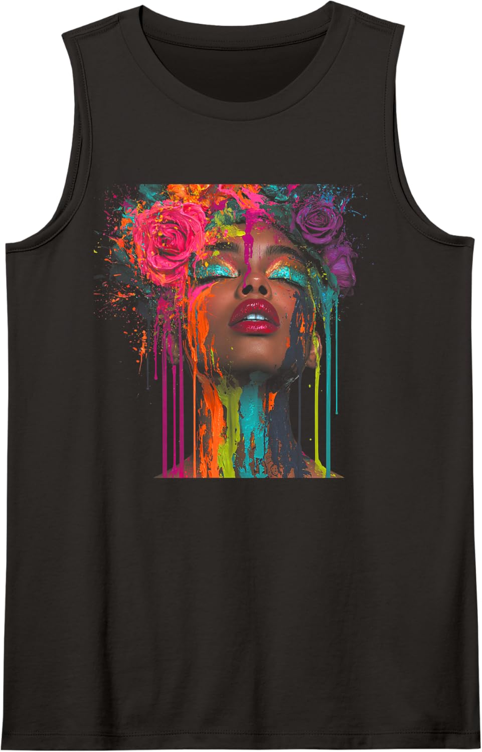 Women's Afro Black Queen Floral Color Painted Face Dripping Women Sleeveless Tank Top - Black