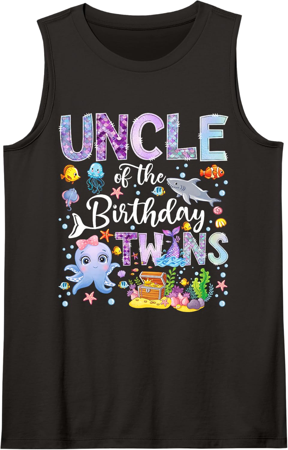 Uncle of The Birthday Twins Under The Sea Mermaid Sleeveless Tank Top - Black
