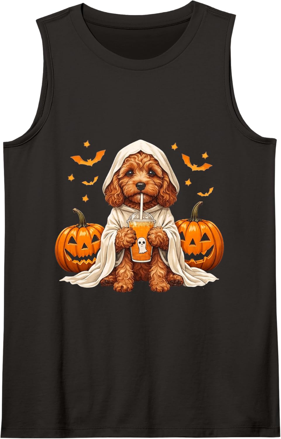 Halloween Cavapoo Dog Costume Cute Puppy Pumpkin Ghost Sleeveless Tank Top - Black