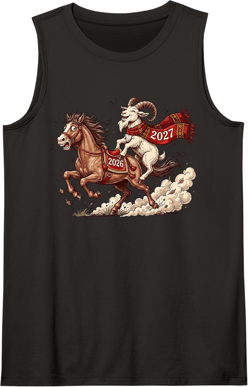 Funny Goat Riding Horse New Year 2027 Christmas Humor Sleeveless Tank Top - Black