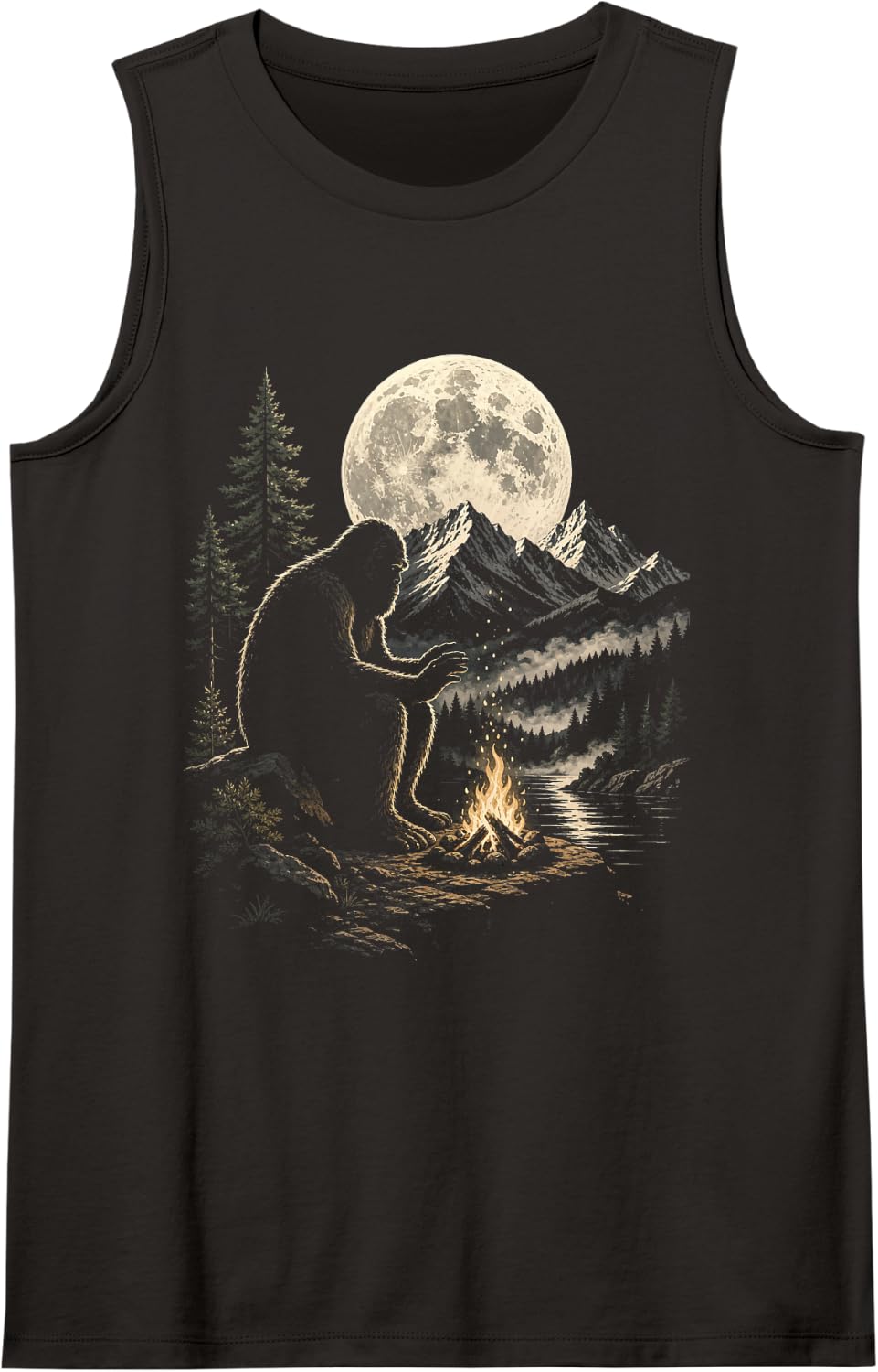 Bigfoot Campfire Silhouette Sasquatch Moon Night Forest Sleeveless Tank Top - Black