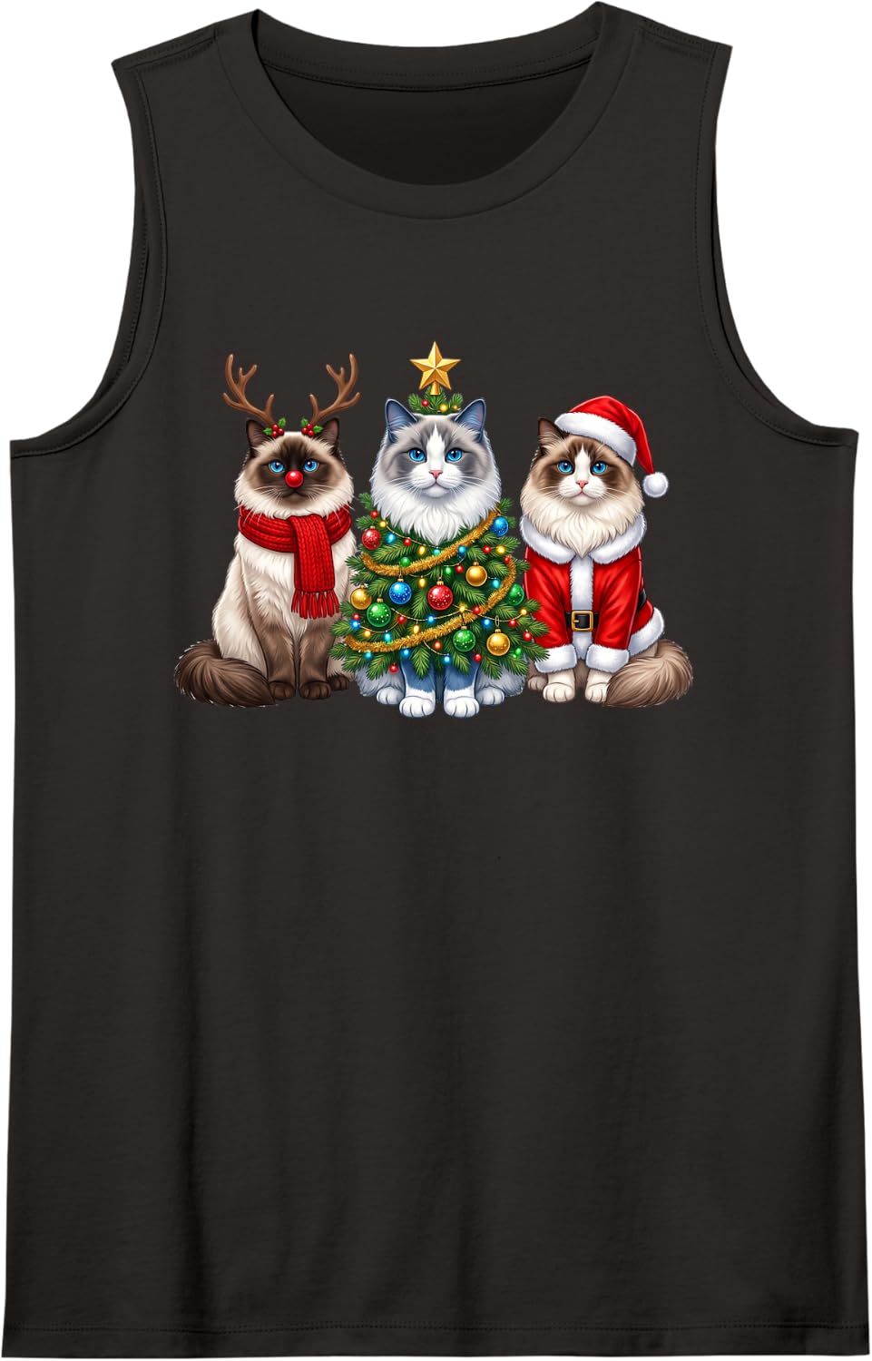 Retro Christmas Ragdoll Santa Reindeer Cat Lover Sleeveless Tank Top - Black