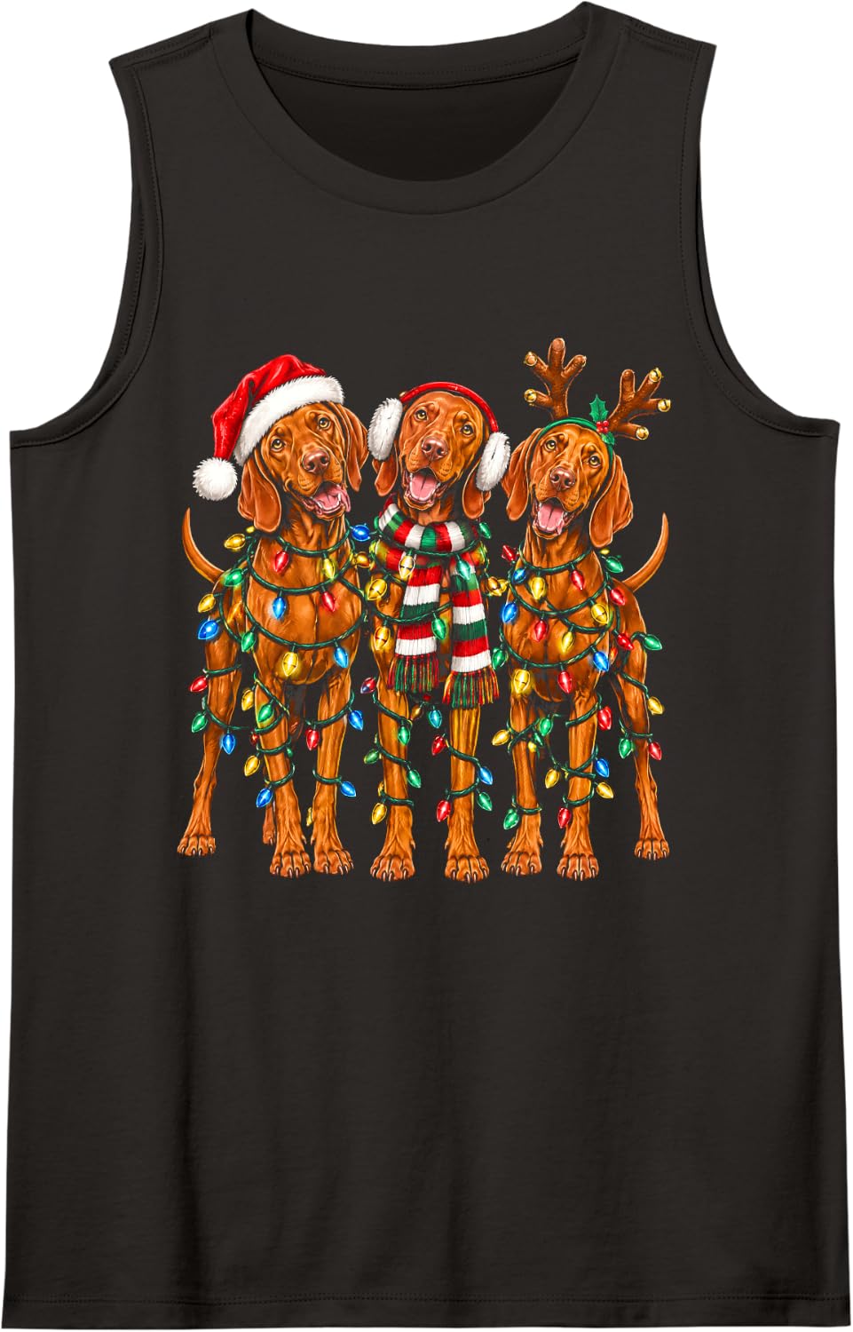 Vizsla Christmas Lights Santa Hat Funny Dog Sleeveless Tank Top - Black