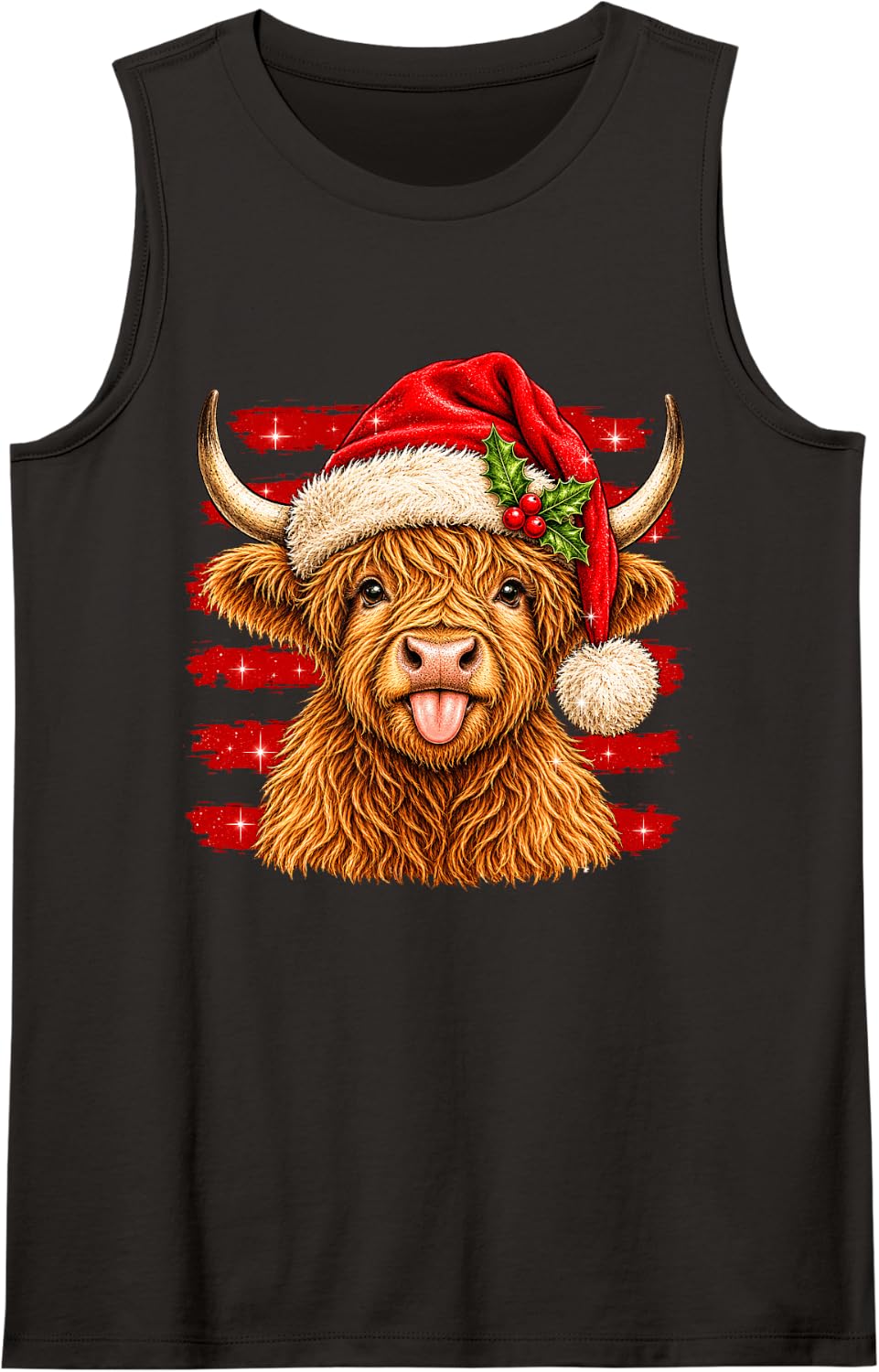 Funny Highland Cow Santa Hat Merry Christmas Sleeveless Tank Top - Black