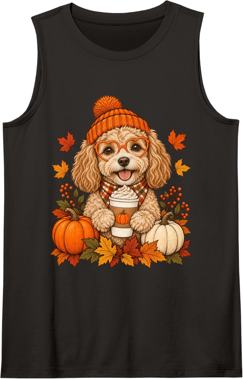 Cavapoo Fall Autumn Season Pumpkin Spice Doodle Dog Sleeveless Tank Top - Black