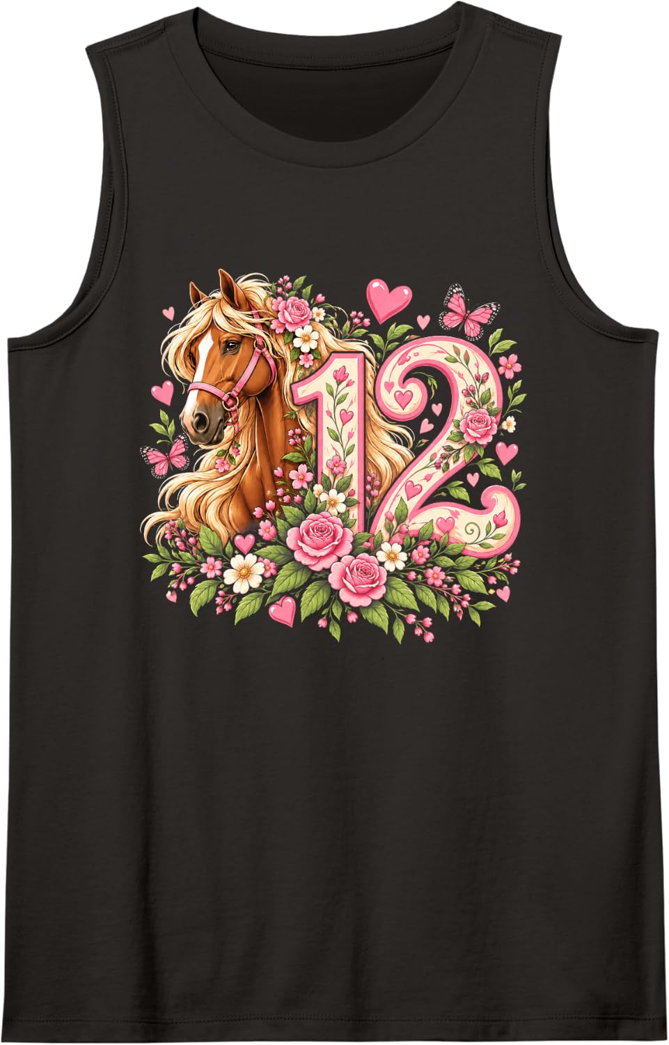 12th Birthday Girl Horse Lover 12 Year Old Birthday Party Sleeveless Tank Top - Black