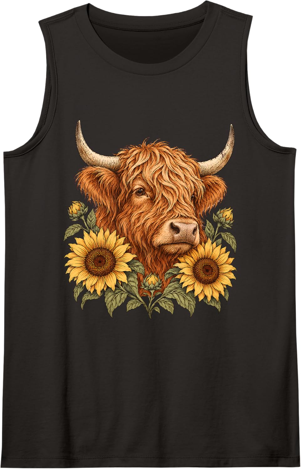 Highland Cow Sunflower, Floral Cow Lover Girls Women Sleeveless Tank Top - Black