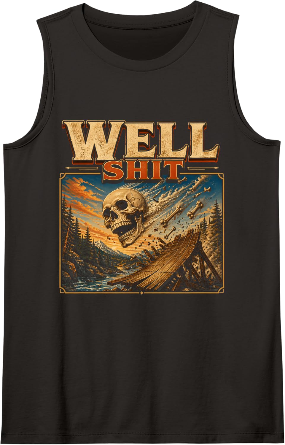 Well Shit Dark Humor Skeleton Funny Skull Sleeveless Tank Top - Black