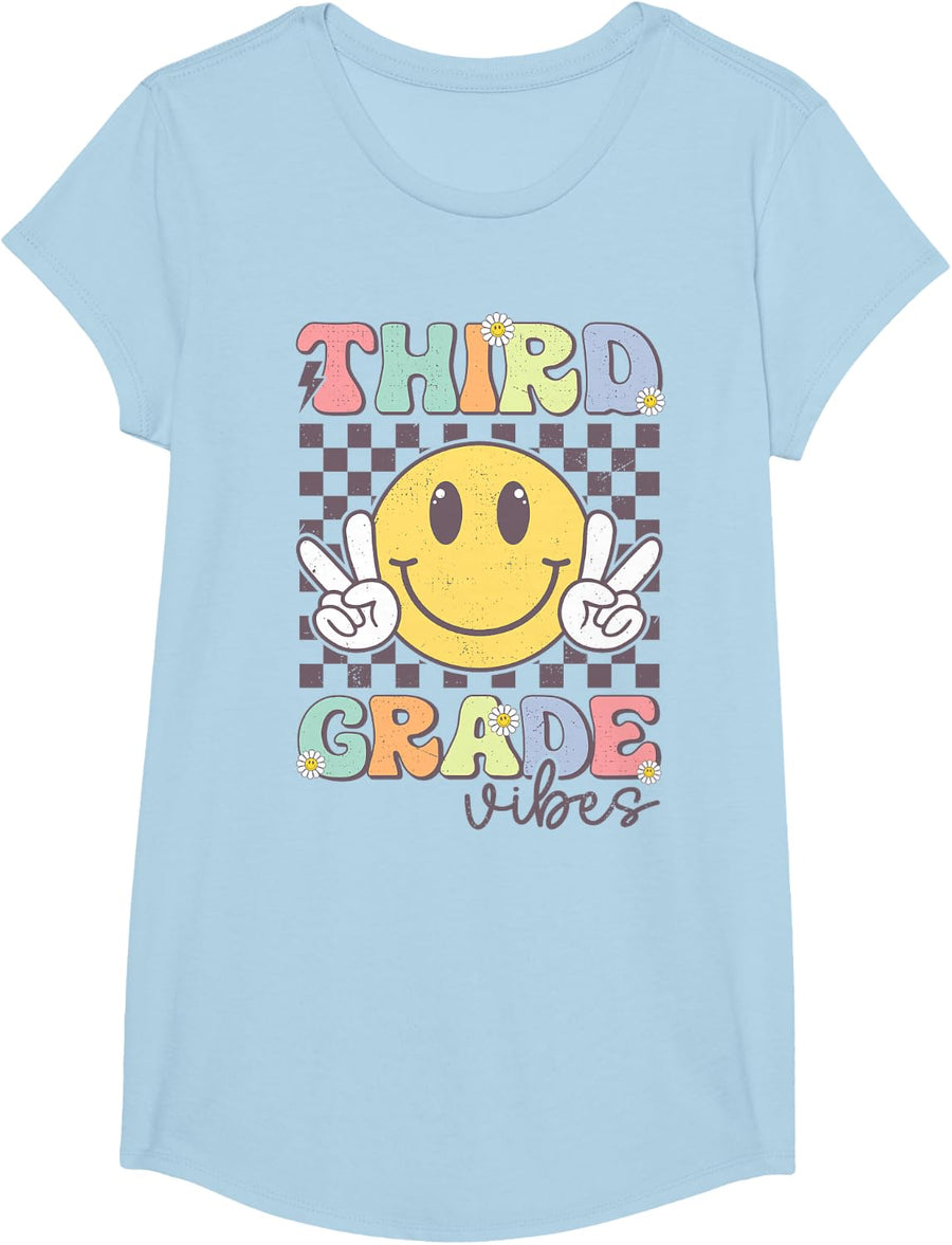 Third Grade Vibes Smile Face 3rd Grade Team T-Shirt Back To School Tee - Girls Baby Blue