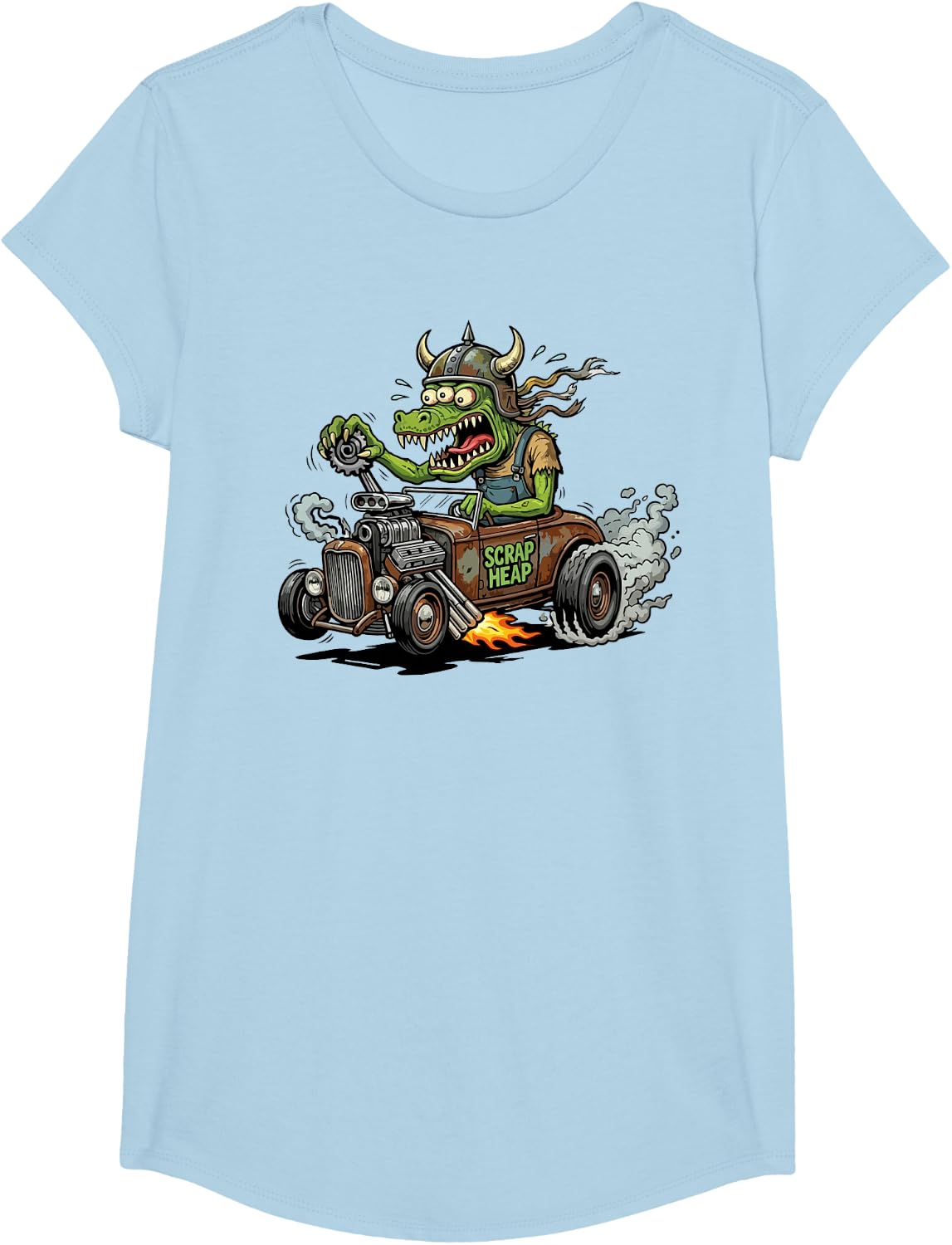 Funny Vintage Style Crazy Hotrod Rat Rod Race Car Cartoon T-Shirt - Girls Baby Blue