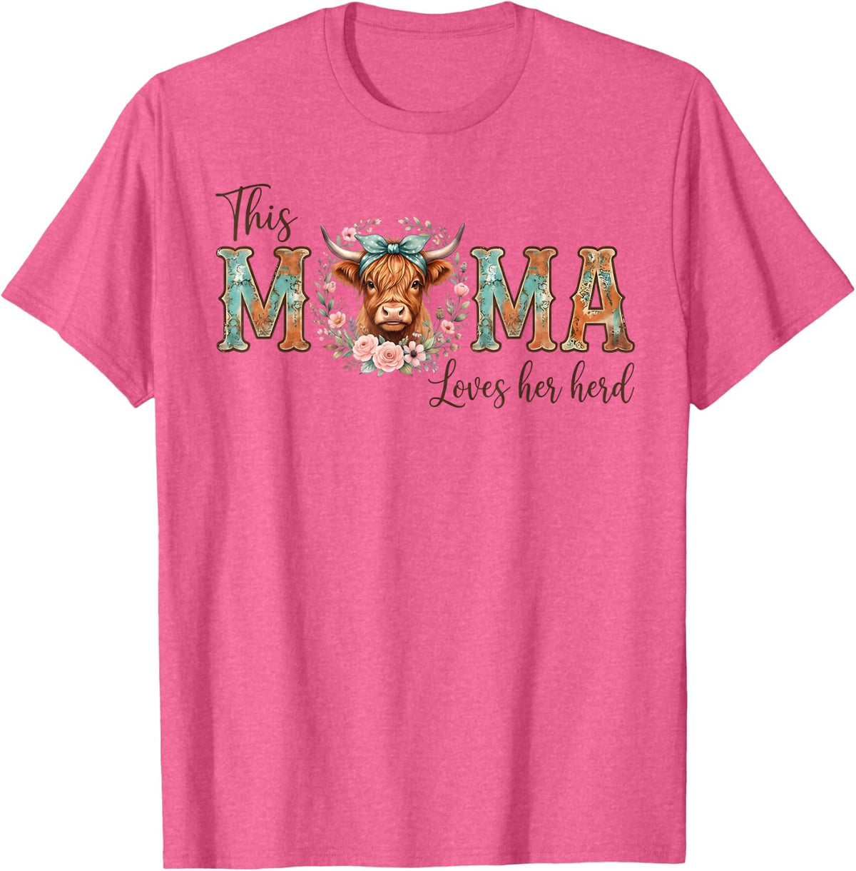 This Mama Loves Her Herd Floral Highland Cow Mom T-Shirt - Pink Heather