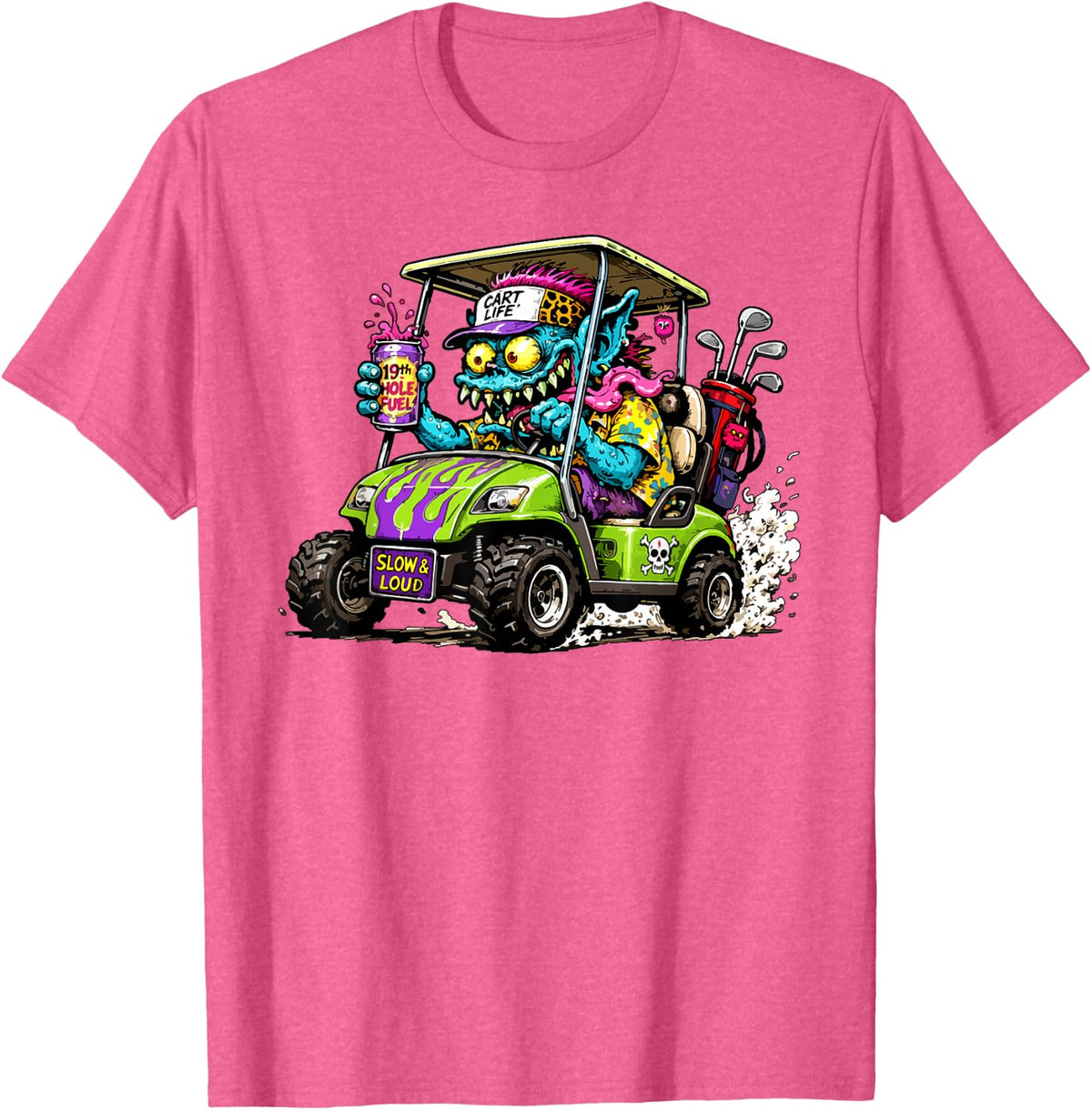 Funny and Wild Golf Cart Hotrod Golf Car Cartoon T-Shirt - Pink Heather