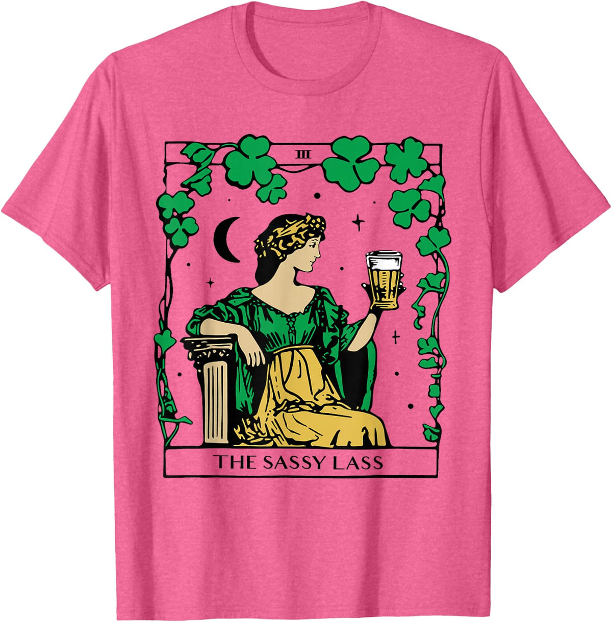 Vintage Saint Patrick's Day Funny The Sassy Lass Tarot Card T-Shirt - Pink Heather