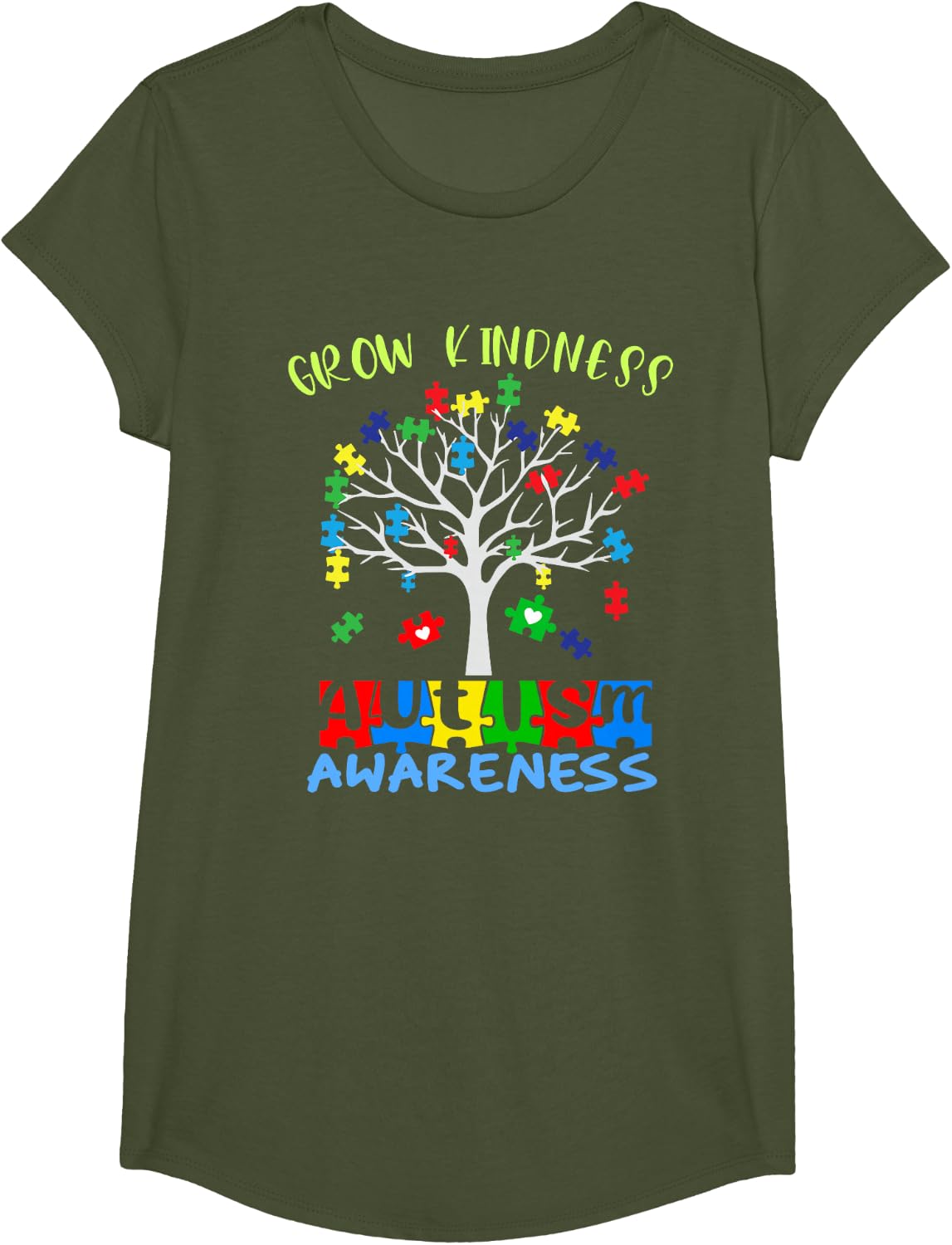 Autism Awareness Puzzle Piece Kindness Tree T-Shirt - Girls Olive Green