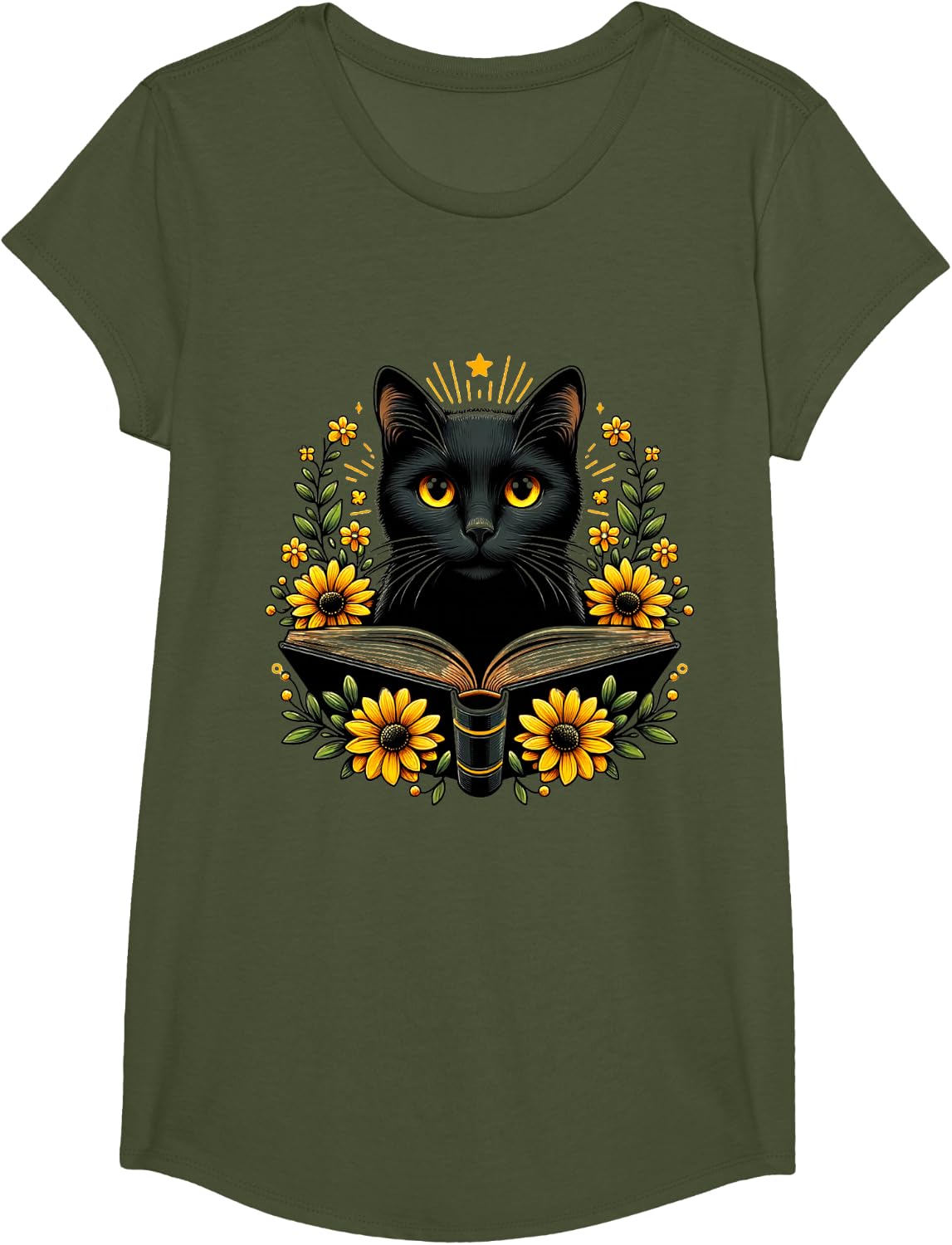 Cat For Women Book Lover Cute Cat And Book T-Shirt - Girls Olive Green