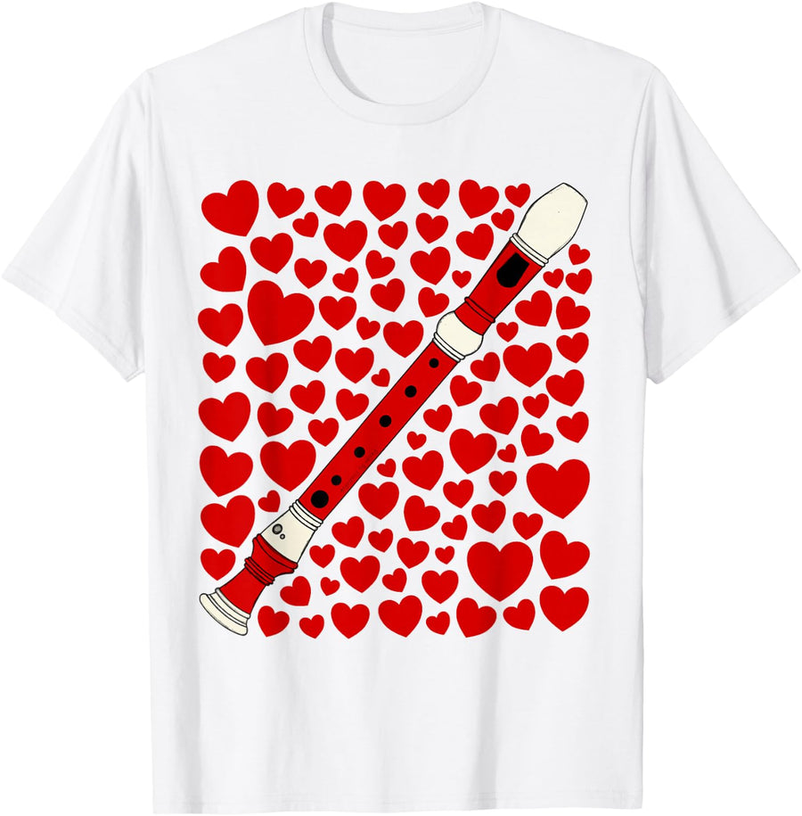 Recorder with Hearts, Valentines Music Teacher Wedding T-Shirt - White