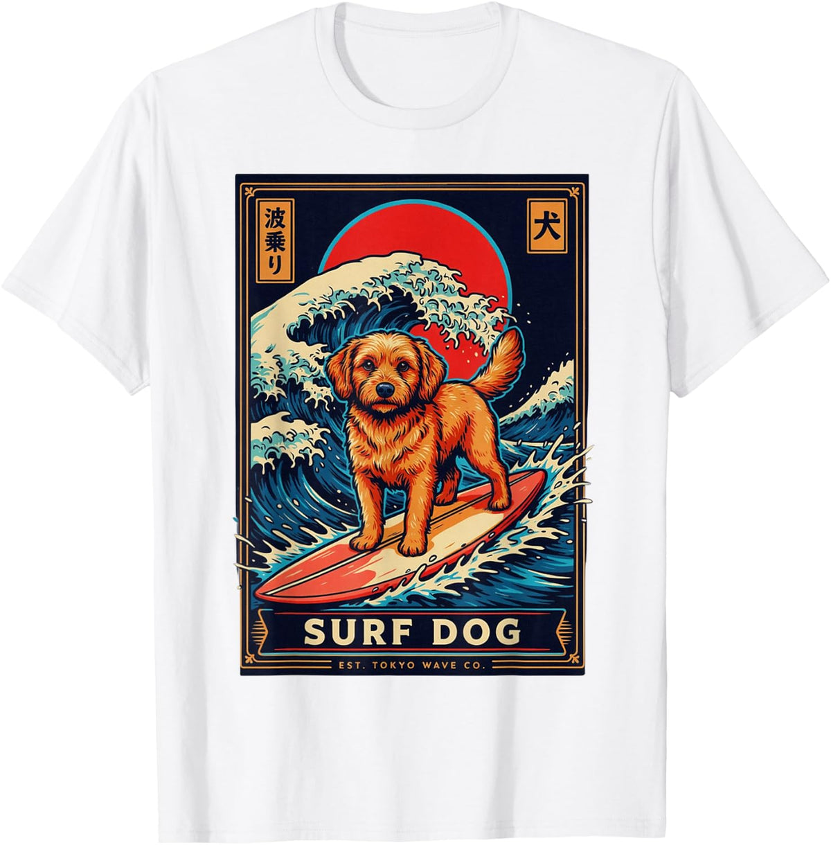Cavapoo Dog Surfing Retro Japanese Sunset Wave T-Shirt - White
