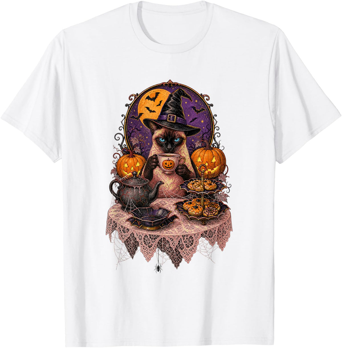 Halloween Siamese Cat Witch Vintage T-Shirt - White