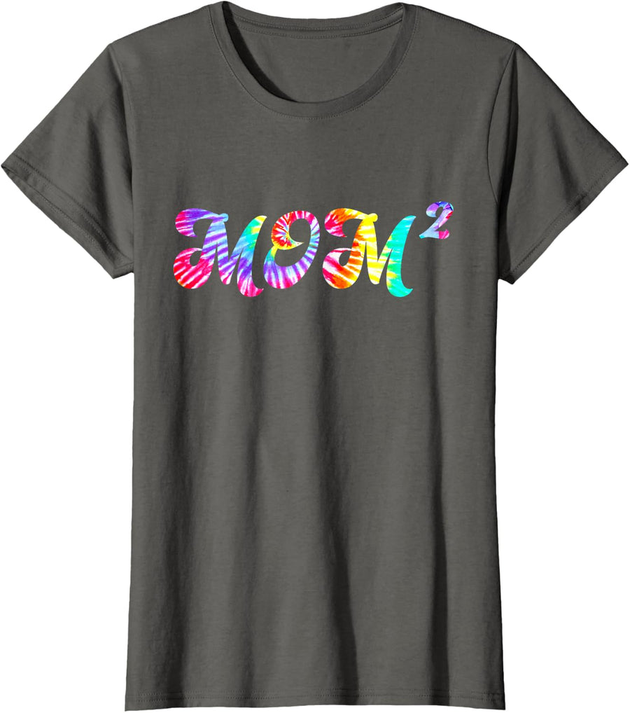 Tie Dye Mom2 Mom Squared Mother of Two Twins Mothers Day T-Shirt - Asphalt Grey