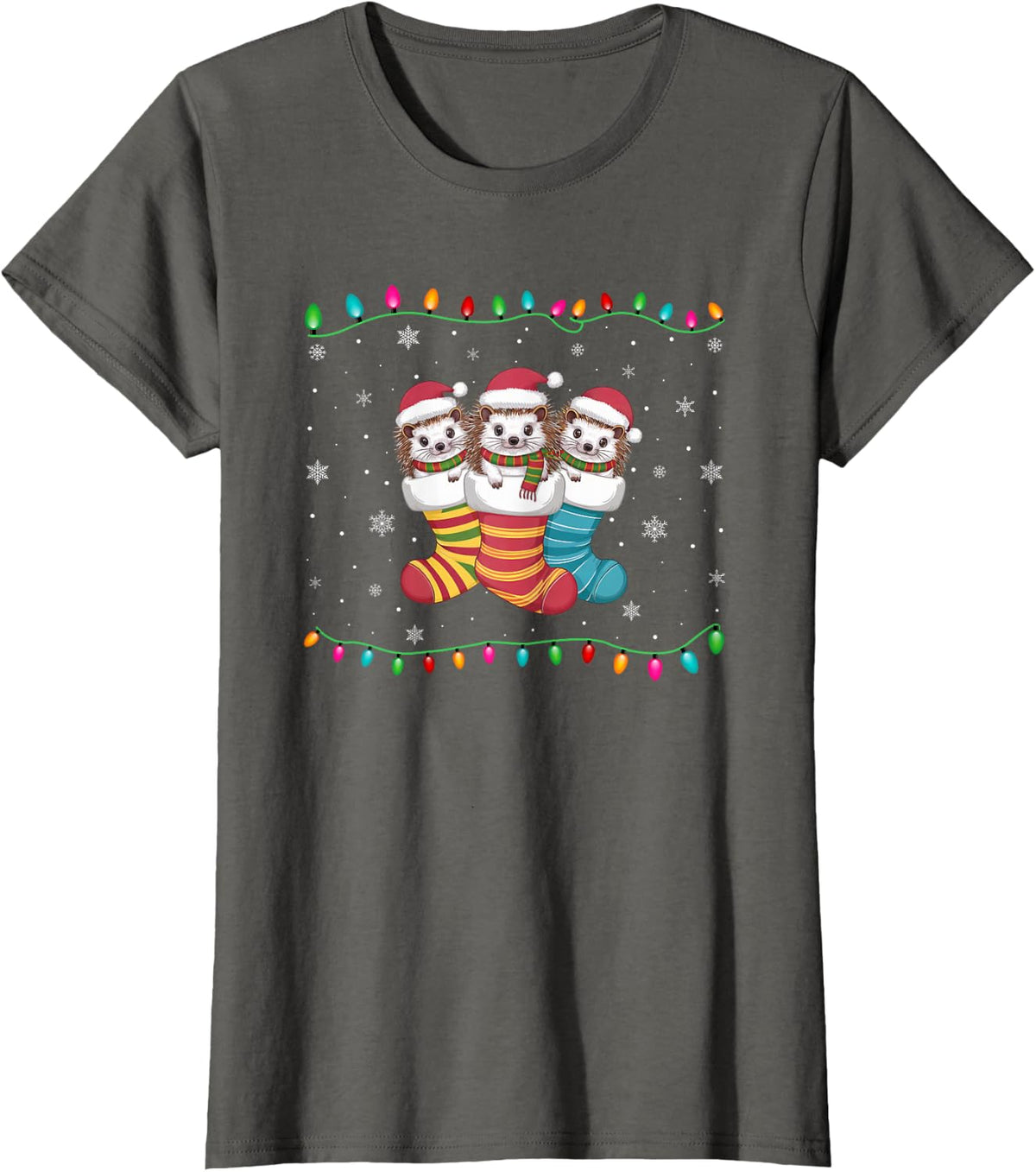 Xmas Tree Lights Funny Hedgehog in Christmas Socks T-Shirt - Asphalt Grey