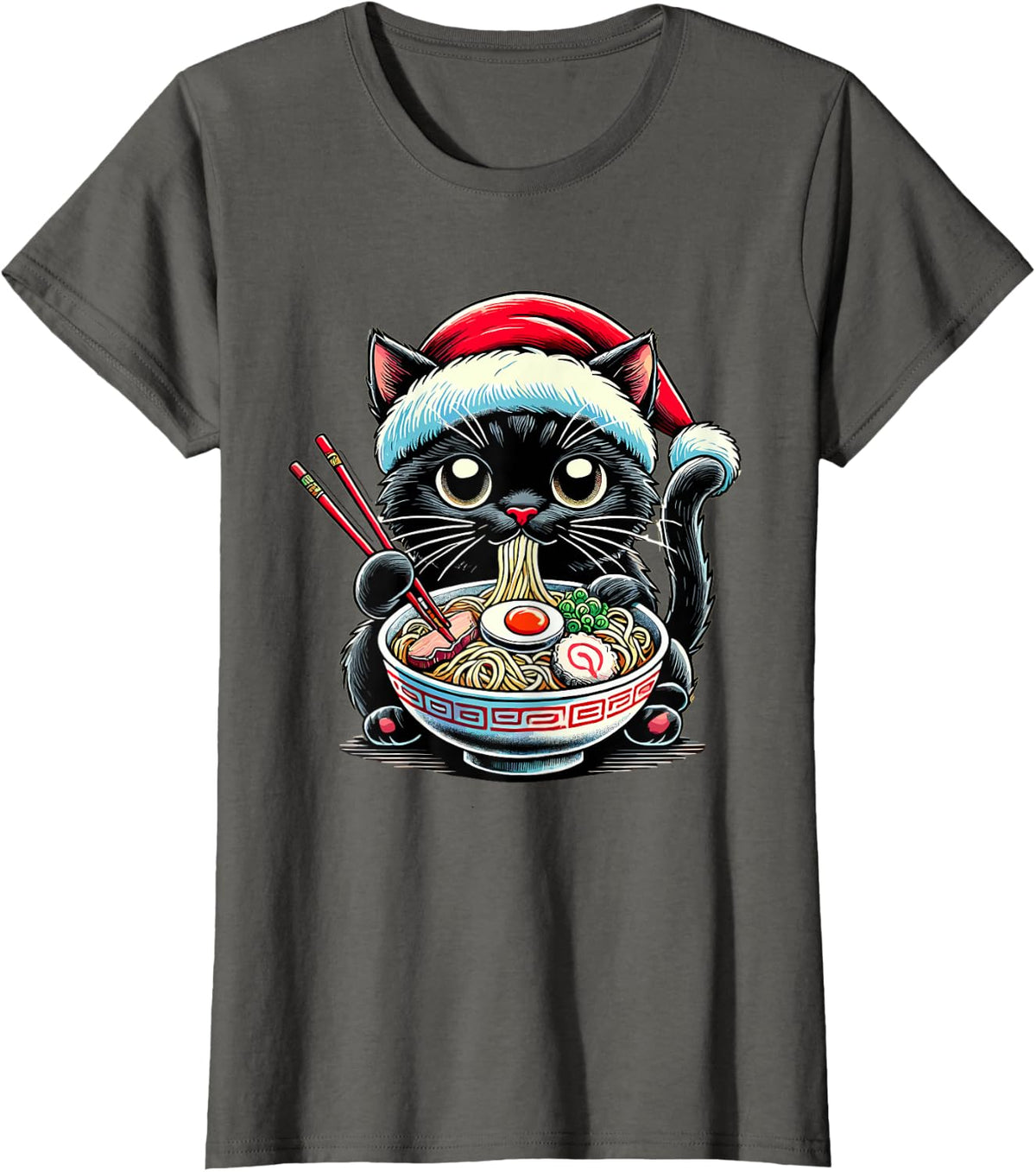 Cat Ramen Santa Hat Japanese Christmas Xmas T-Shirt - Asphalt Grey