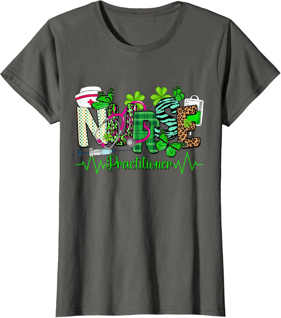 St Patricks Day Nurse Practitioner Shamrock Scrub Top Women T-Shirt - Asphalt Grey