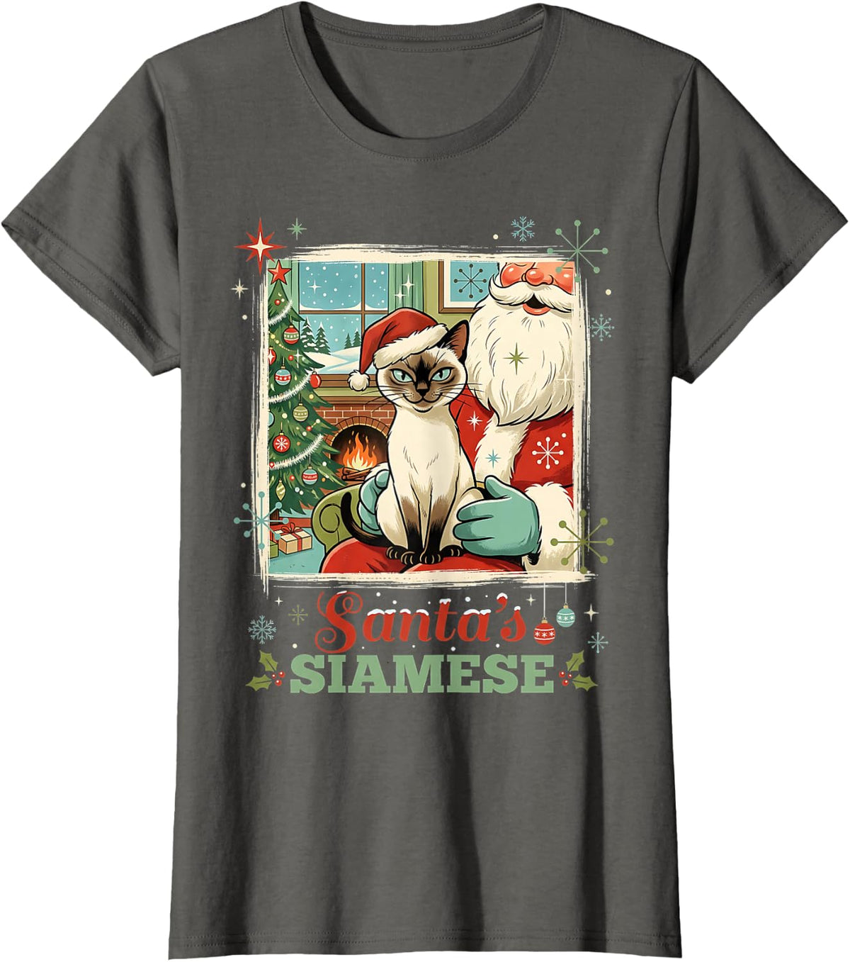 Siamese Cat Sitting Sat on Santa's Lap Retro Winter Holiday T-Shirt - Asphalt Grey