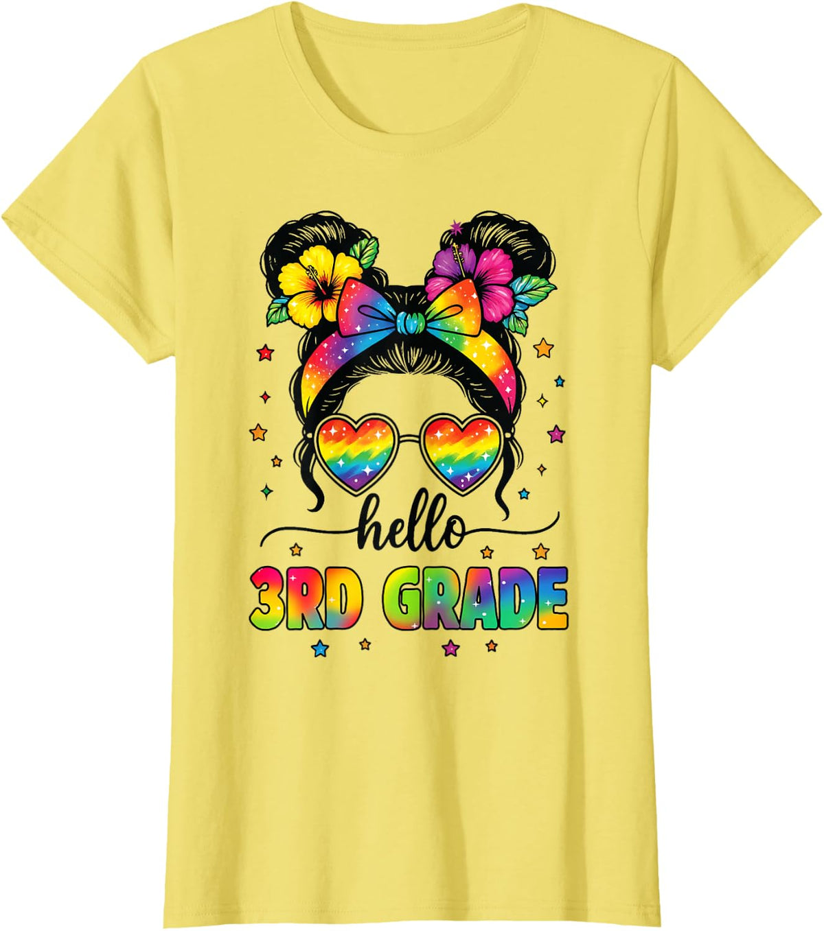 Hello 3rd Grade Messy Bun First Day Of School Teacher Kids T-Shirt - Lemon Yellow