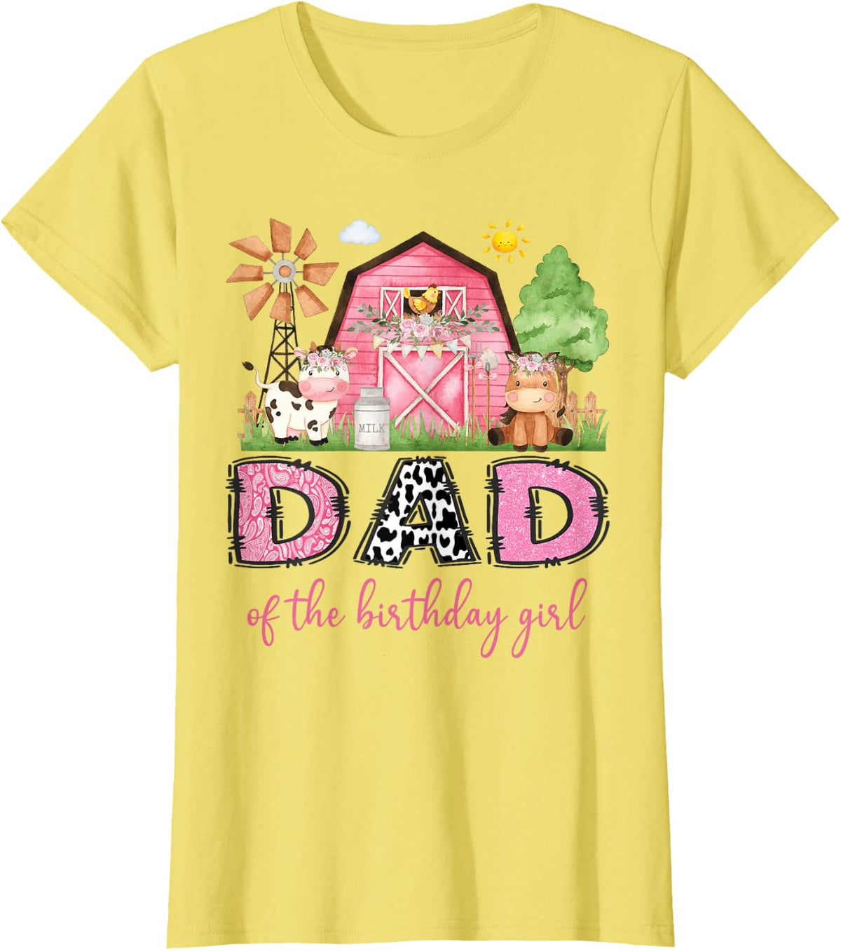 Dad of The Birthday Girl Cute Cow Farm Animals Lover T-Shirt - Lemon Yellow