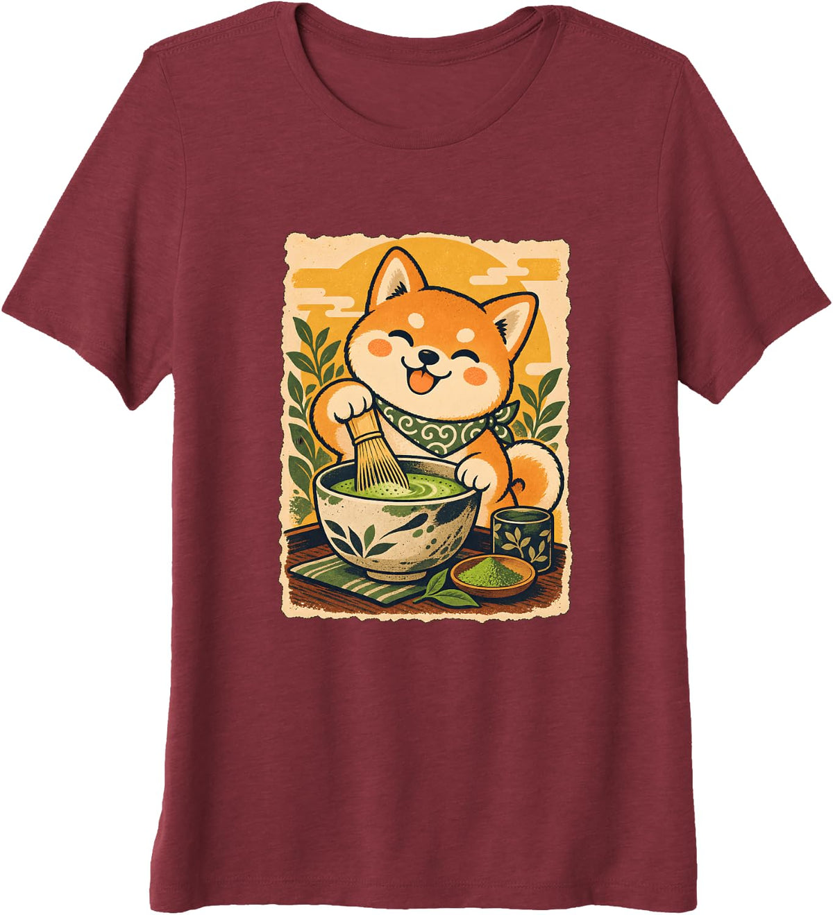 Cute Shiba Inu Dog Making Matcha Tea Art Premium Tri-Blend T-Shirt - Burgundy