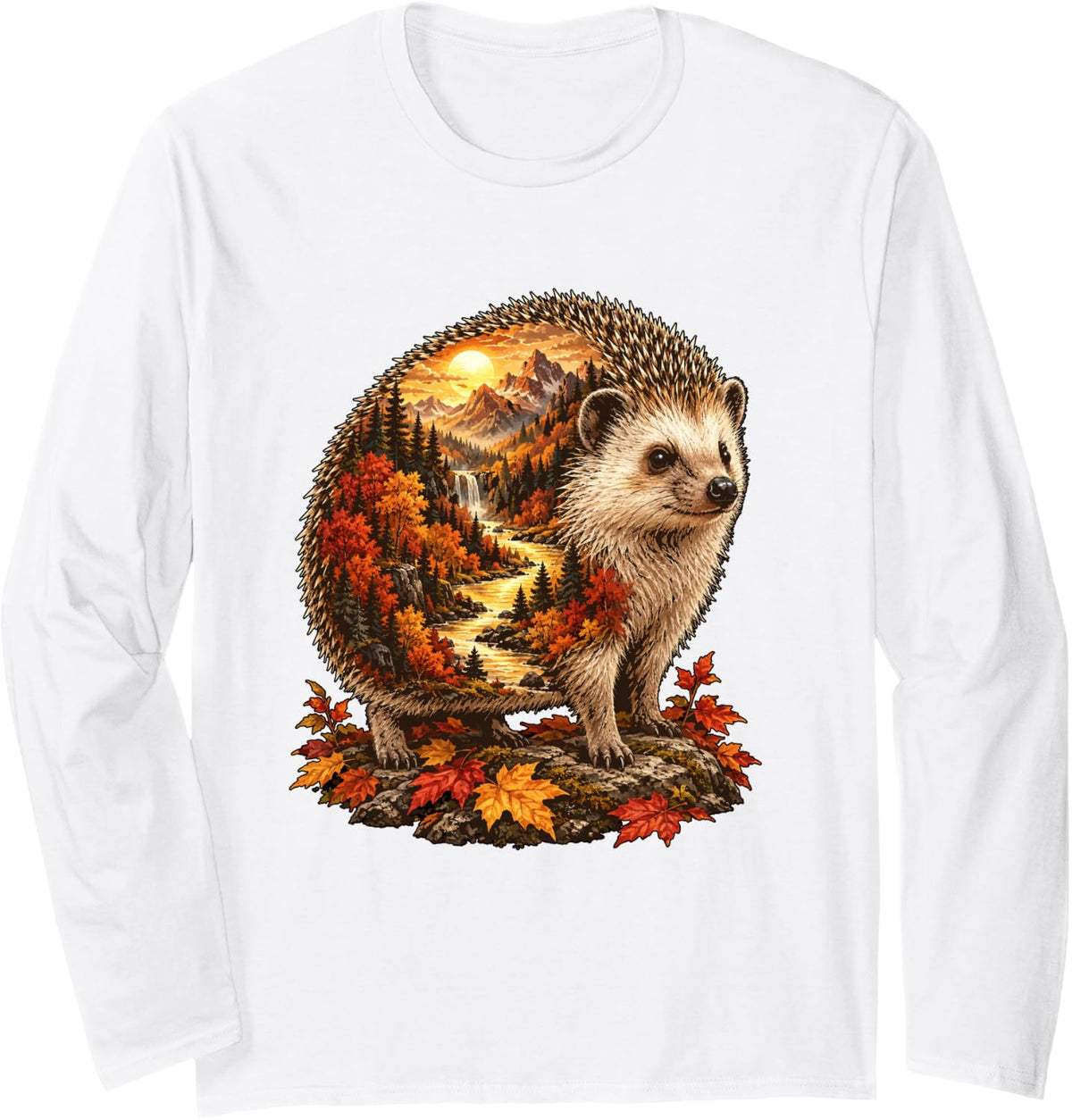 Fall Hedgehog with Forest Mountains Sunset Wilderness Art Long Sleeve T-Shirt - Adult Unisex White